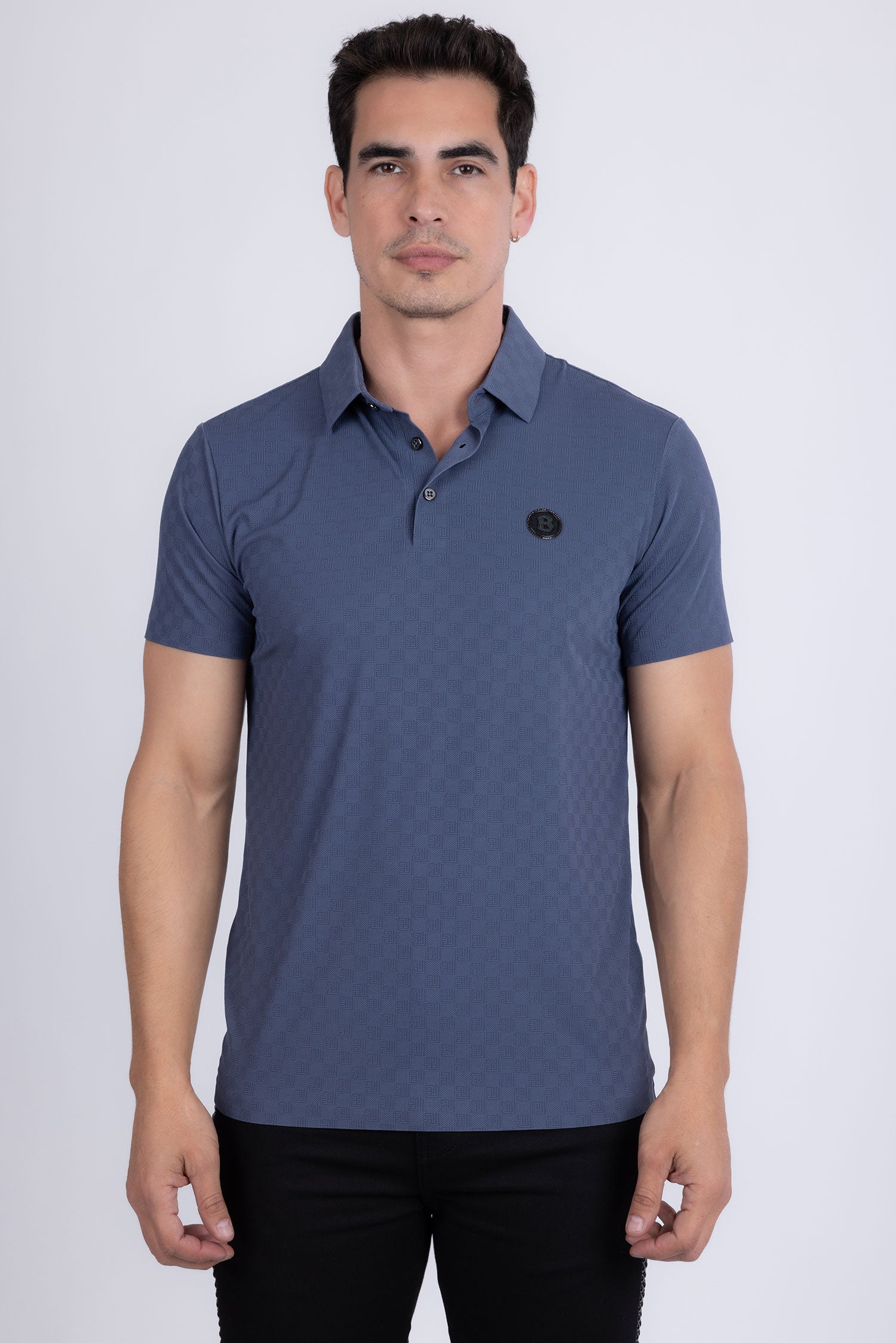 Barabas Men's Solid Greek Key Short Sleeve Stretch Polo Shirts 5P21 Blue