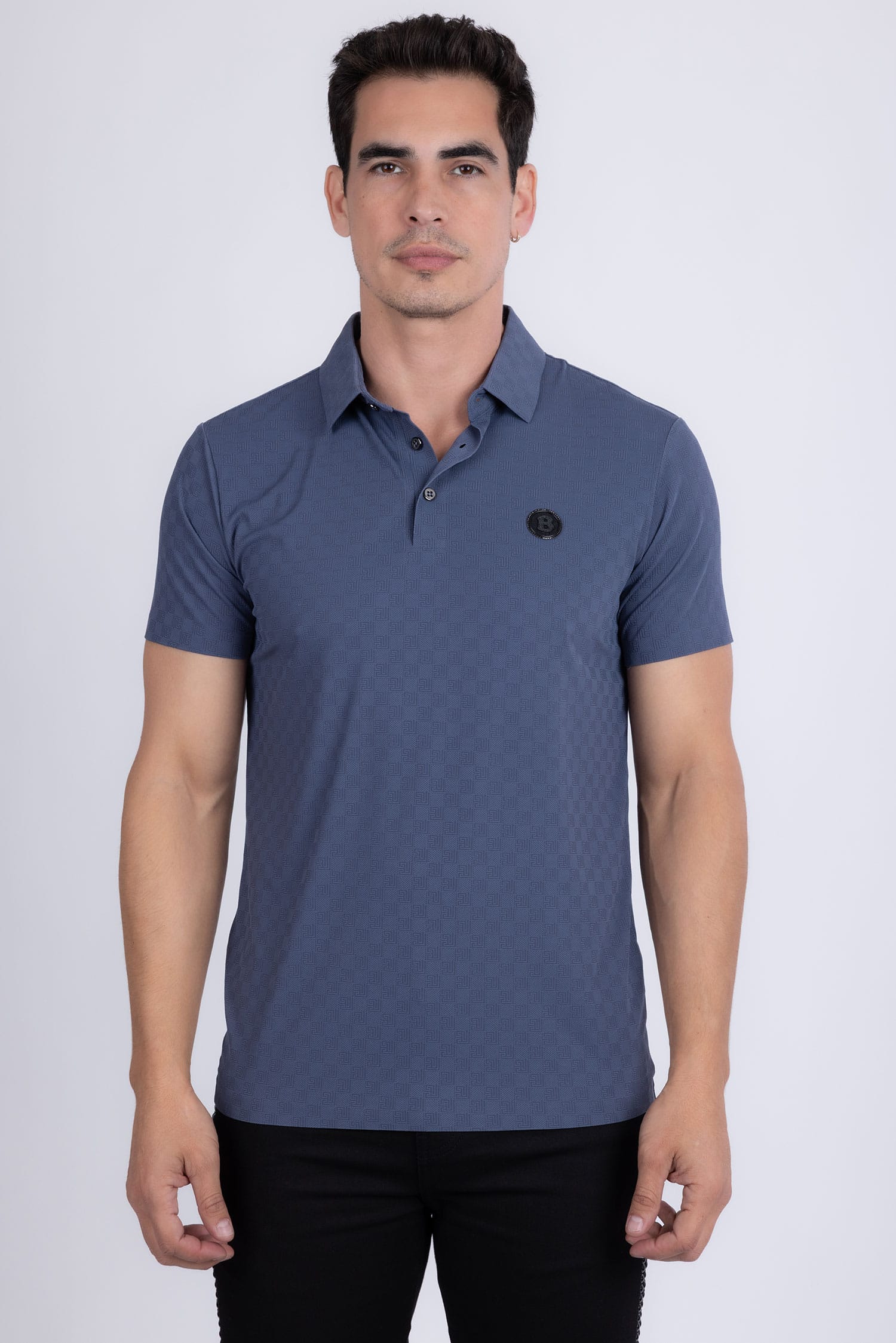 Barabas Men's Solid Greek Key Short Sleeve Stretch Polo Shirts 5P21 Blue