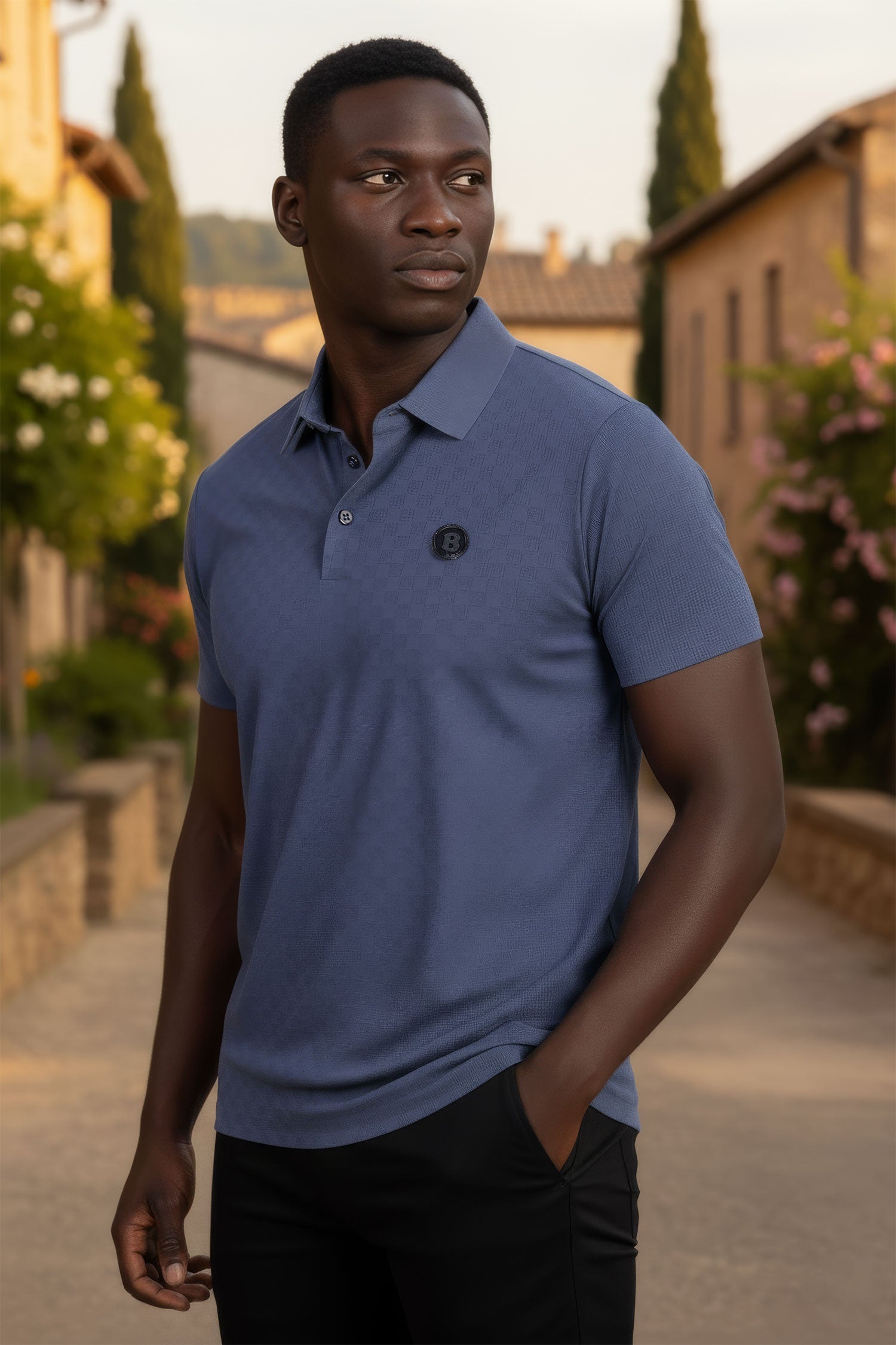 Barabas Men's Solid Greek Key Short Sleeve Stretch Polo Shirts 5P21 Blue