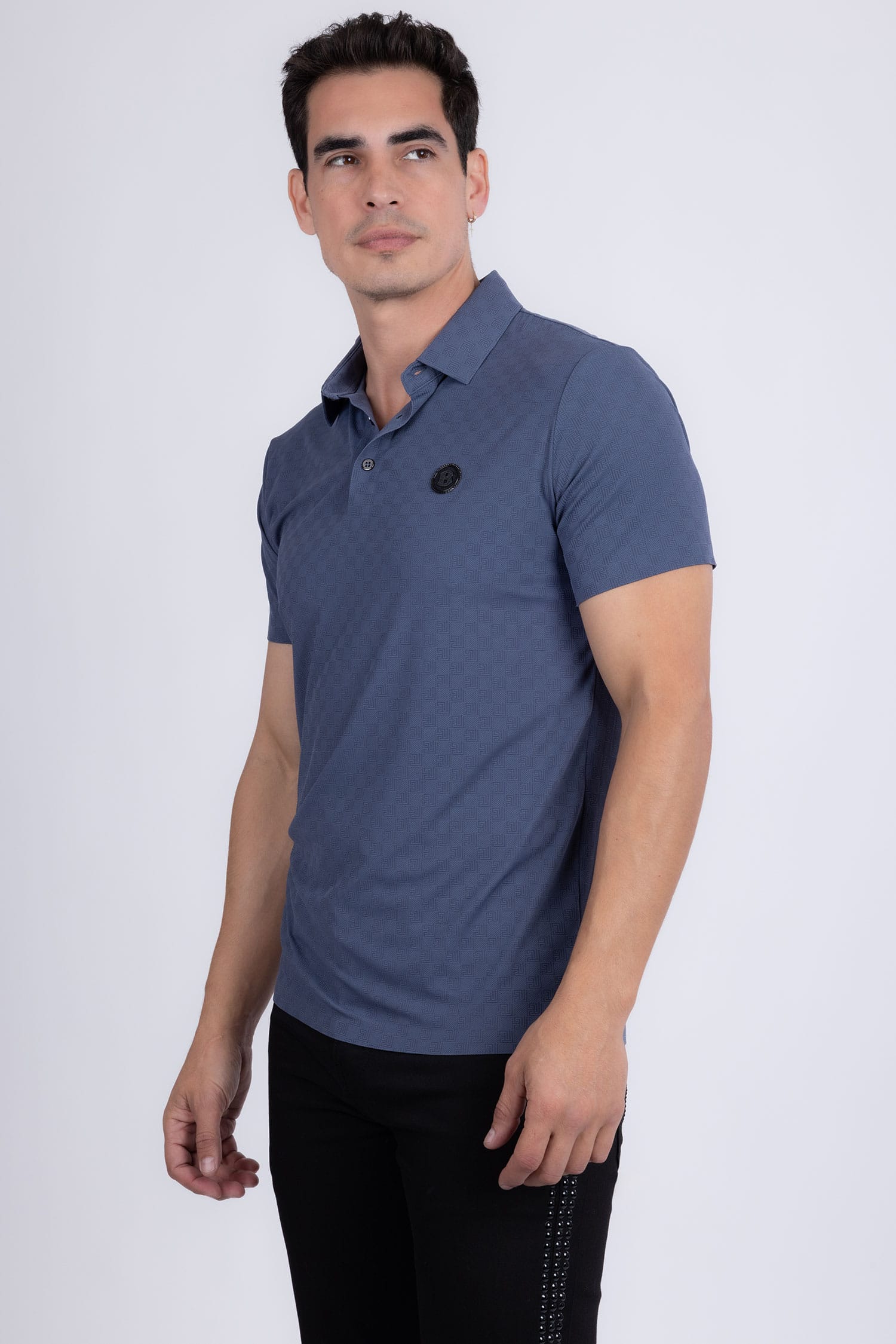 Barabas Men's Solid Greek Key Short Sleeve Stretch Polo Shirts 5P21 Blue