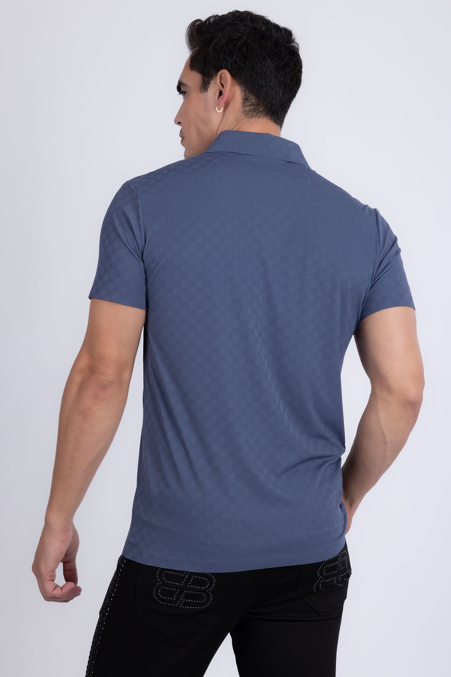 Barabas Men's Solid Greek Key Short Sleeve Stretch Polo Shirts 5P21 Blue