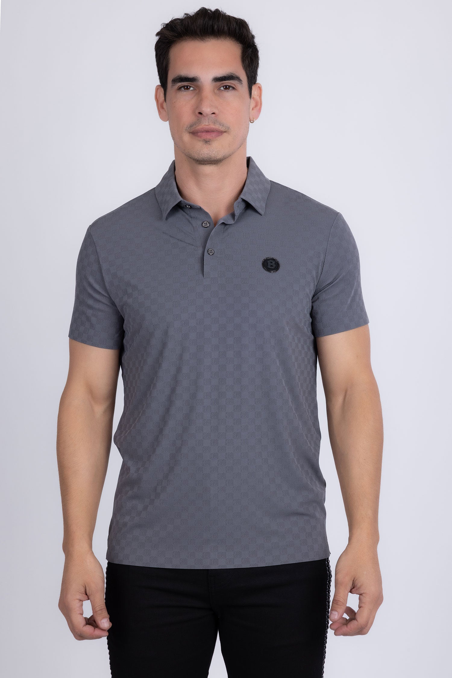 Barabas Men's Solid Greek Key Short Sleeve Stretch Polo Shirts 5P21 Grey