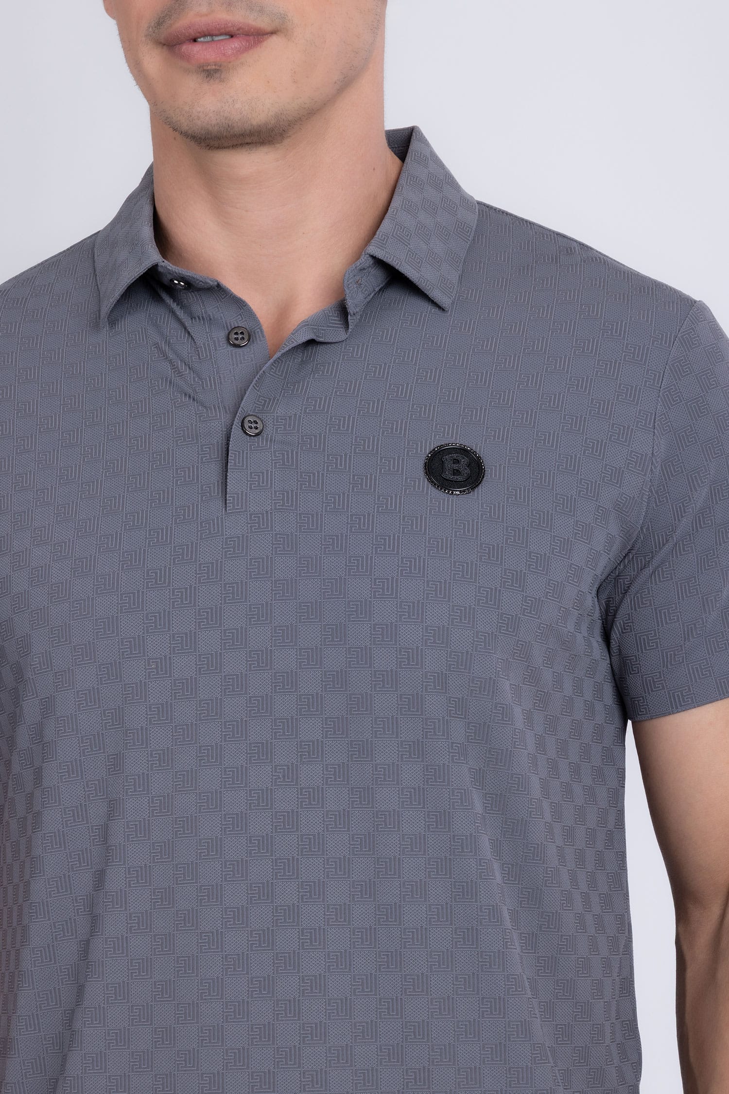 Barabas Men's Solid Greek Key Short Sleeve Stretch Polo Shirts 5P21 Grey