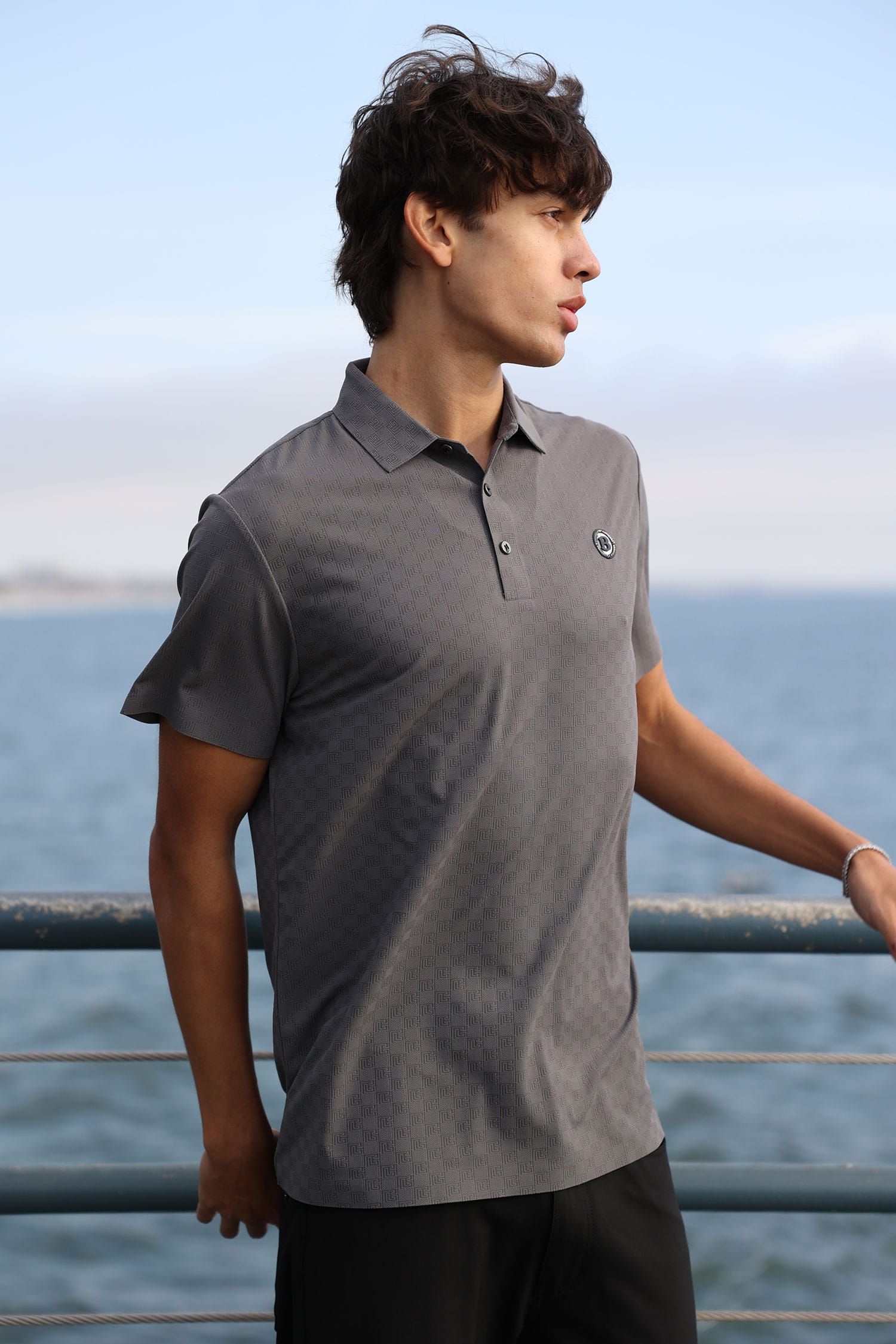 Barabas Men's Solid Greek Key Short Sleeve Stretch Polo Shirts 5P21 Grey