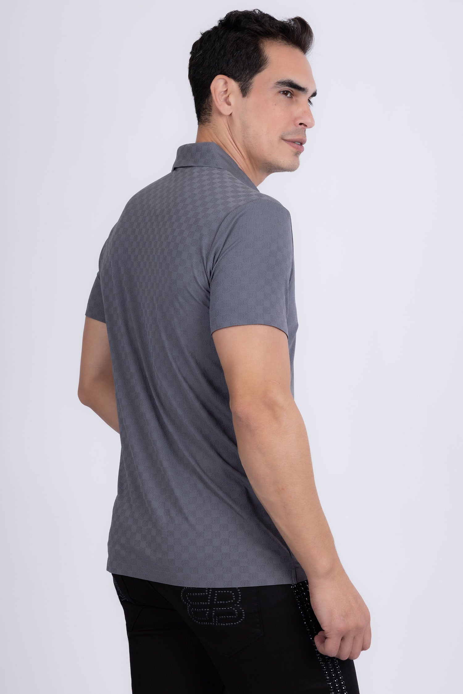 Barabas Men's Solid Greek Key Short Sleeve Stretch Polo Shirts 5P21 Grey