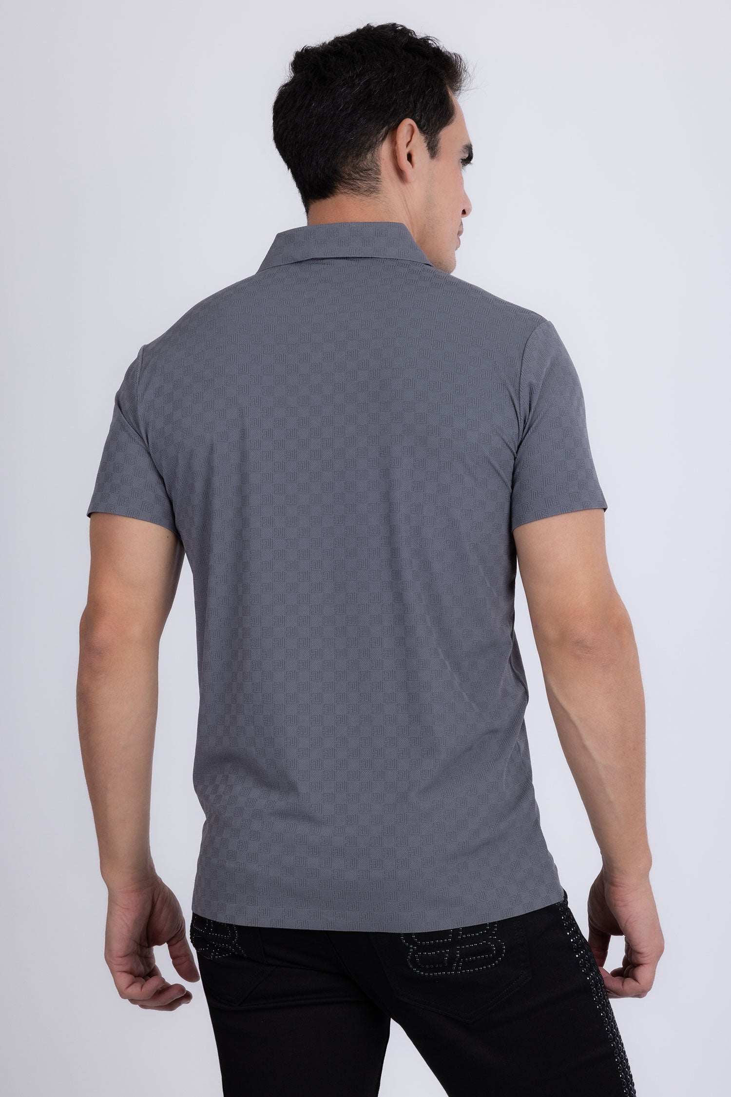 Barabas Men's Solid Greek Key Short Sleeve Stretch Polo Shirts 5P21 Grey