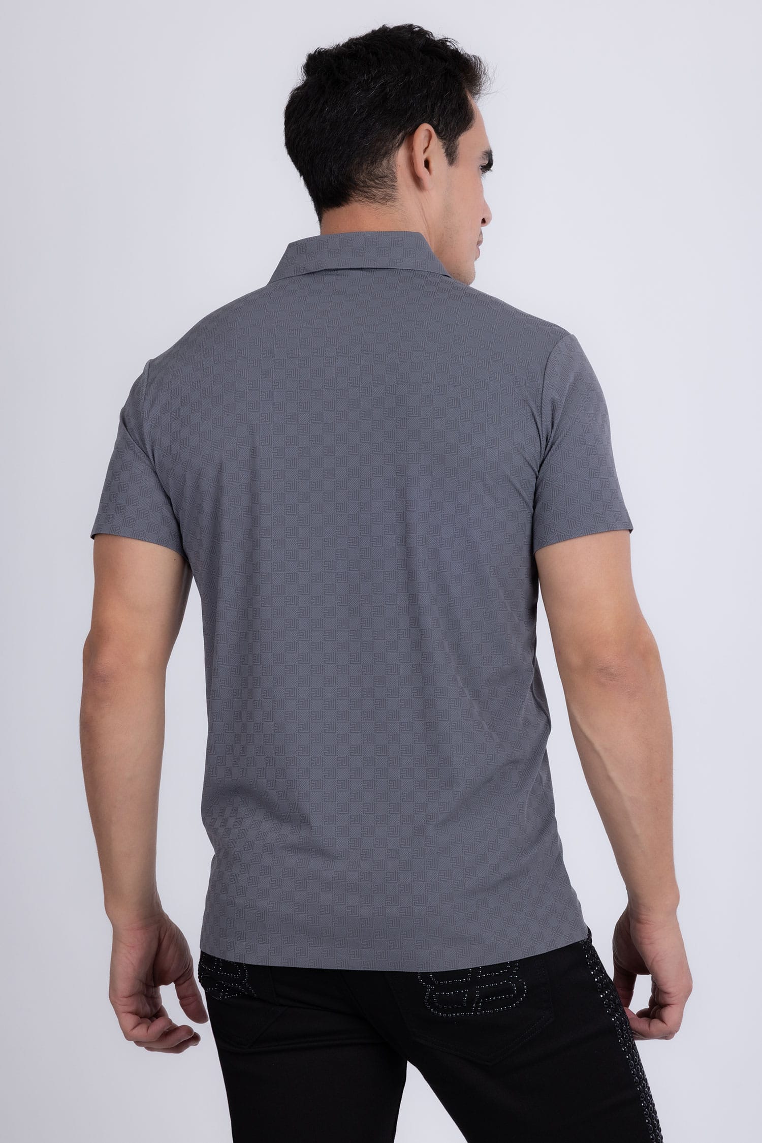 Barabas Men's Solid Greek Key Short Sleeve Stretch Polo Shirts 5P21 Grey