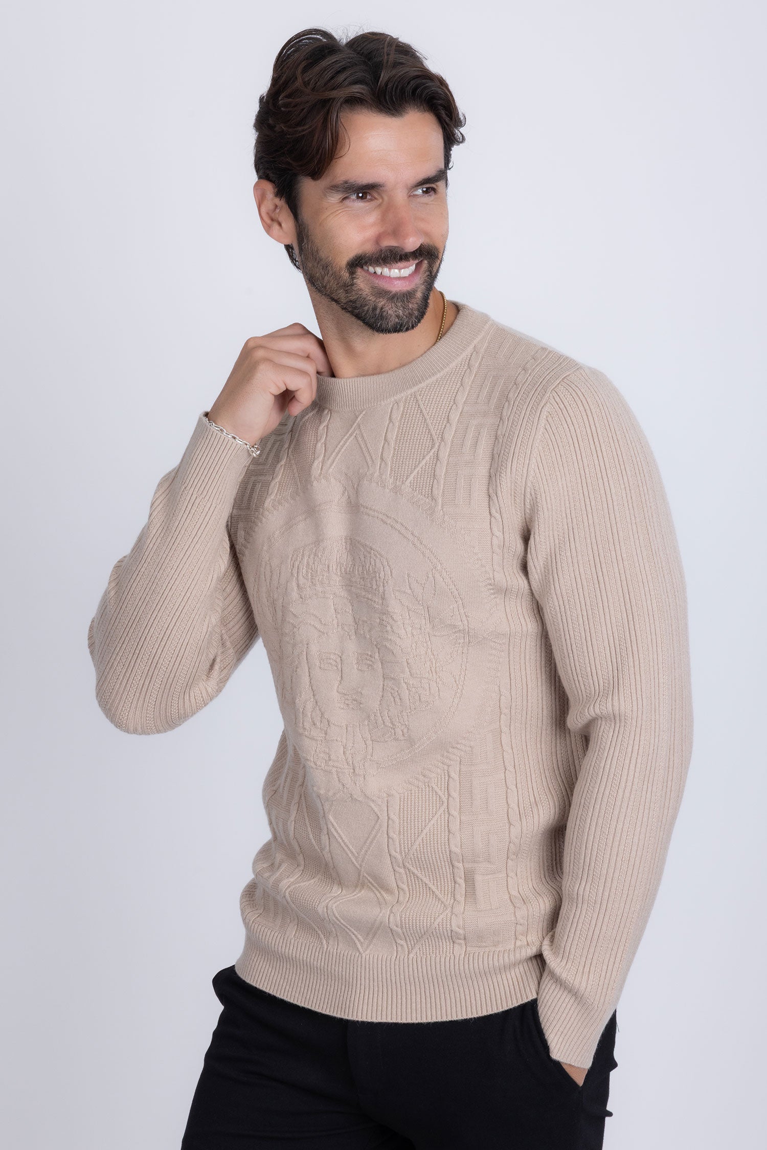 Barabas Men's Embroidered Medusa Stretch Sweater 5PLS01 Stone