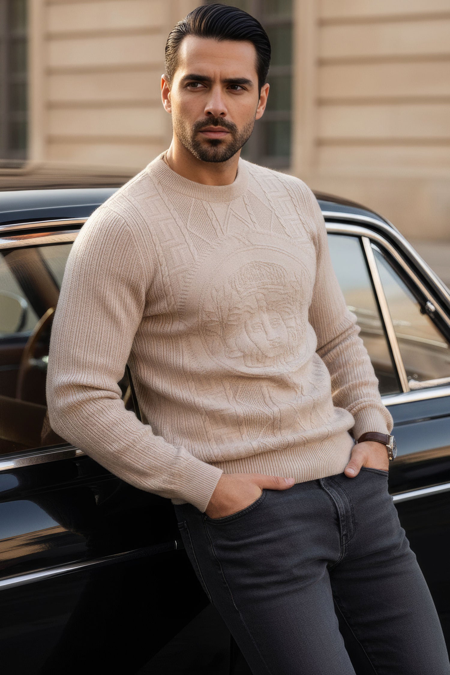 Barabas Men's Embroidered Medusa Stretch Sweater 5PLS01 Stone