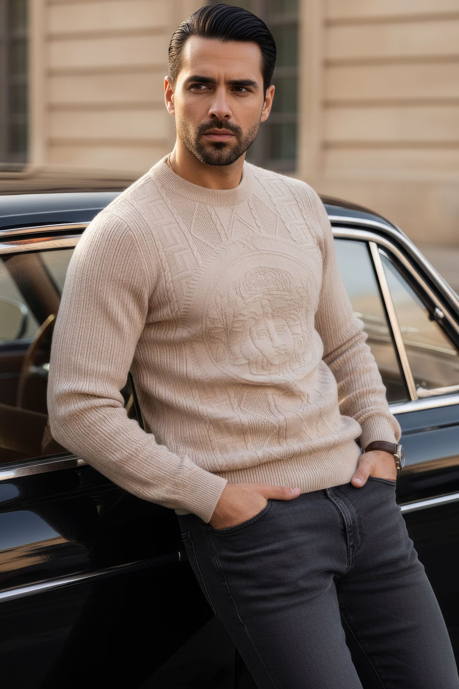 Barabas Men's Embroidered Medusa Stretch Sweater 5PLS01 Stone