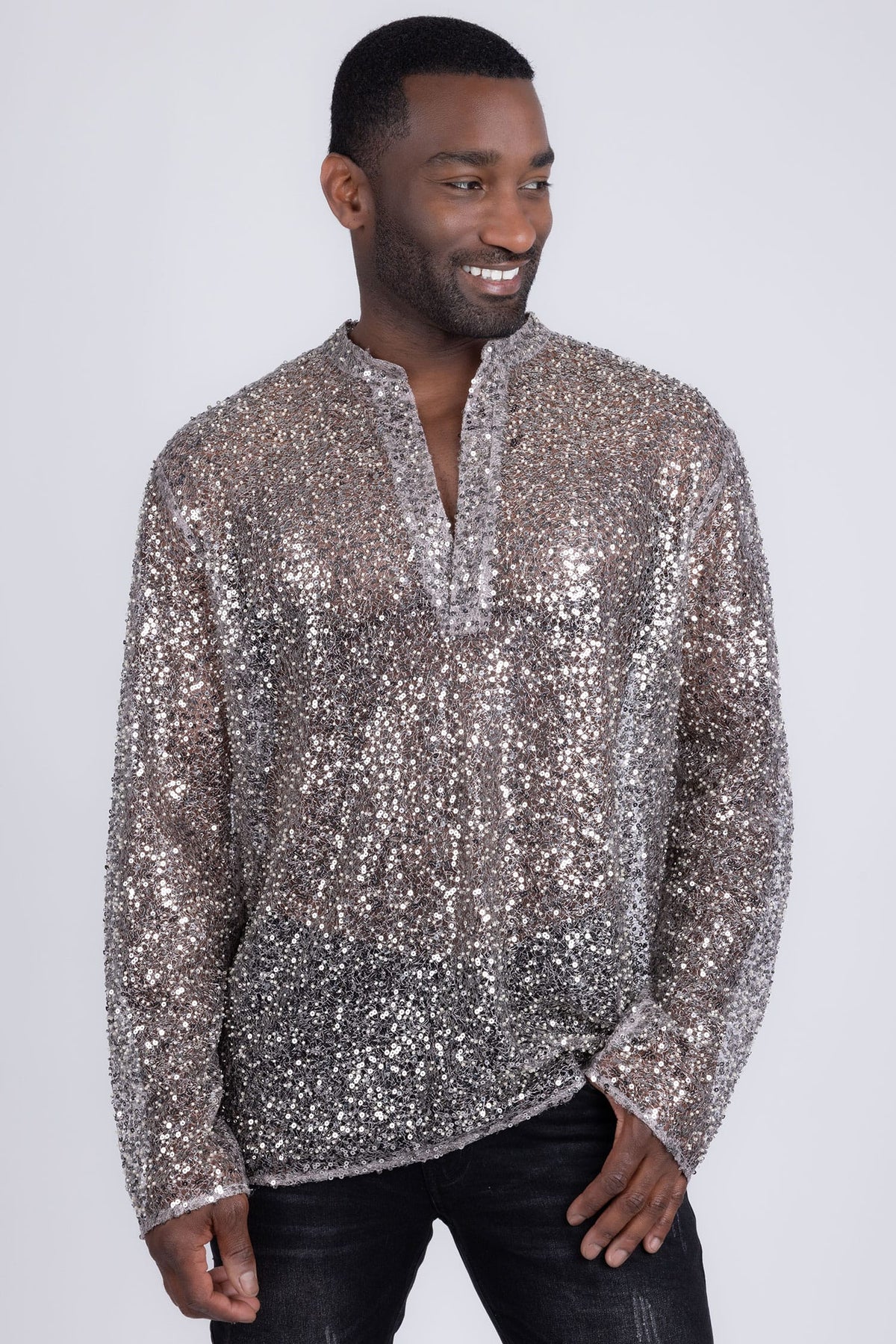 Barabas Men's See Through Sequins V-Neck Long Sleeve Shirts 5PST01 Beige