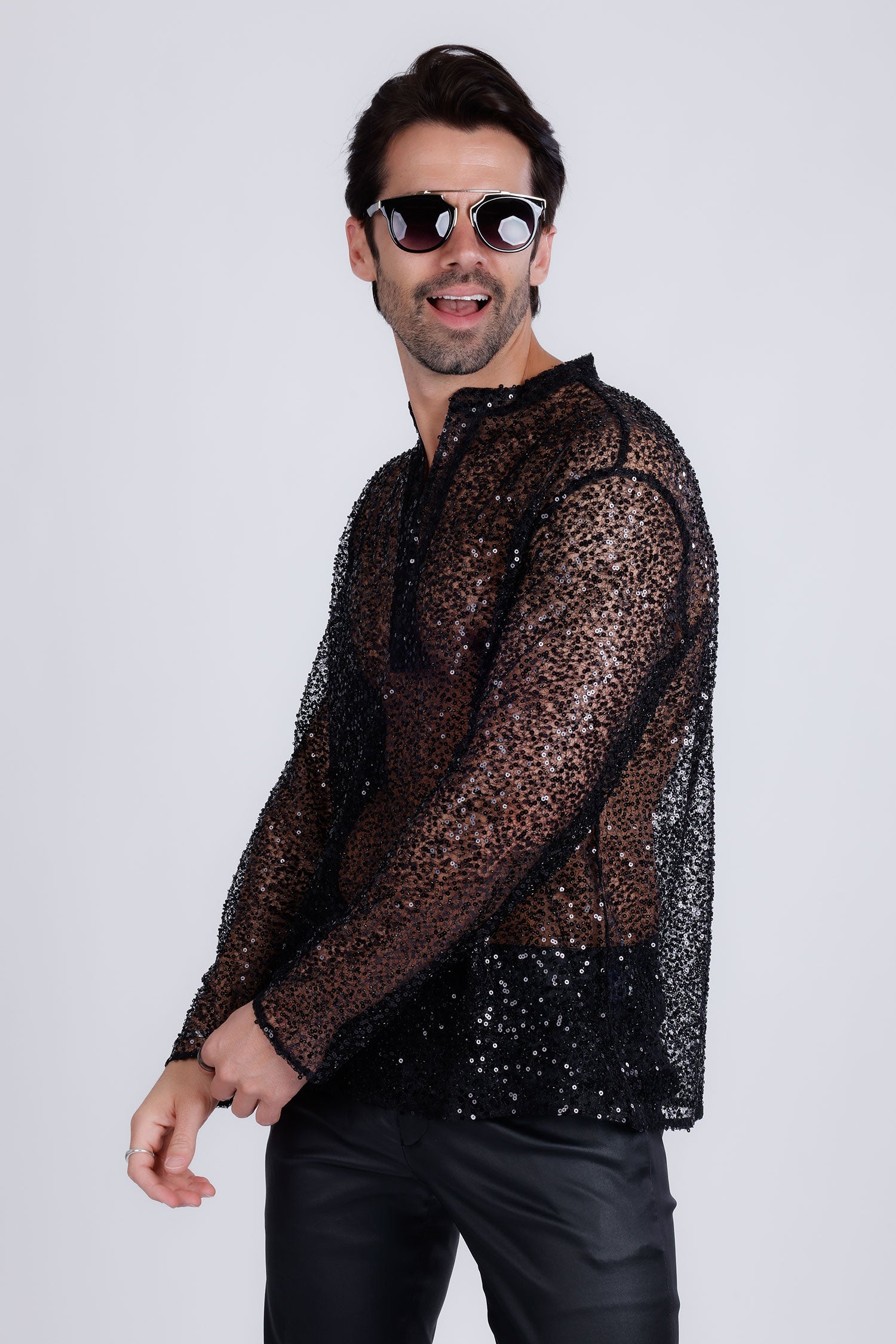 Barabas Men's See Through Sequins V-Neck Long Sleeve Shirts 5PST01 Black
