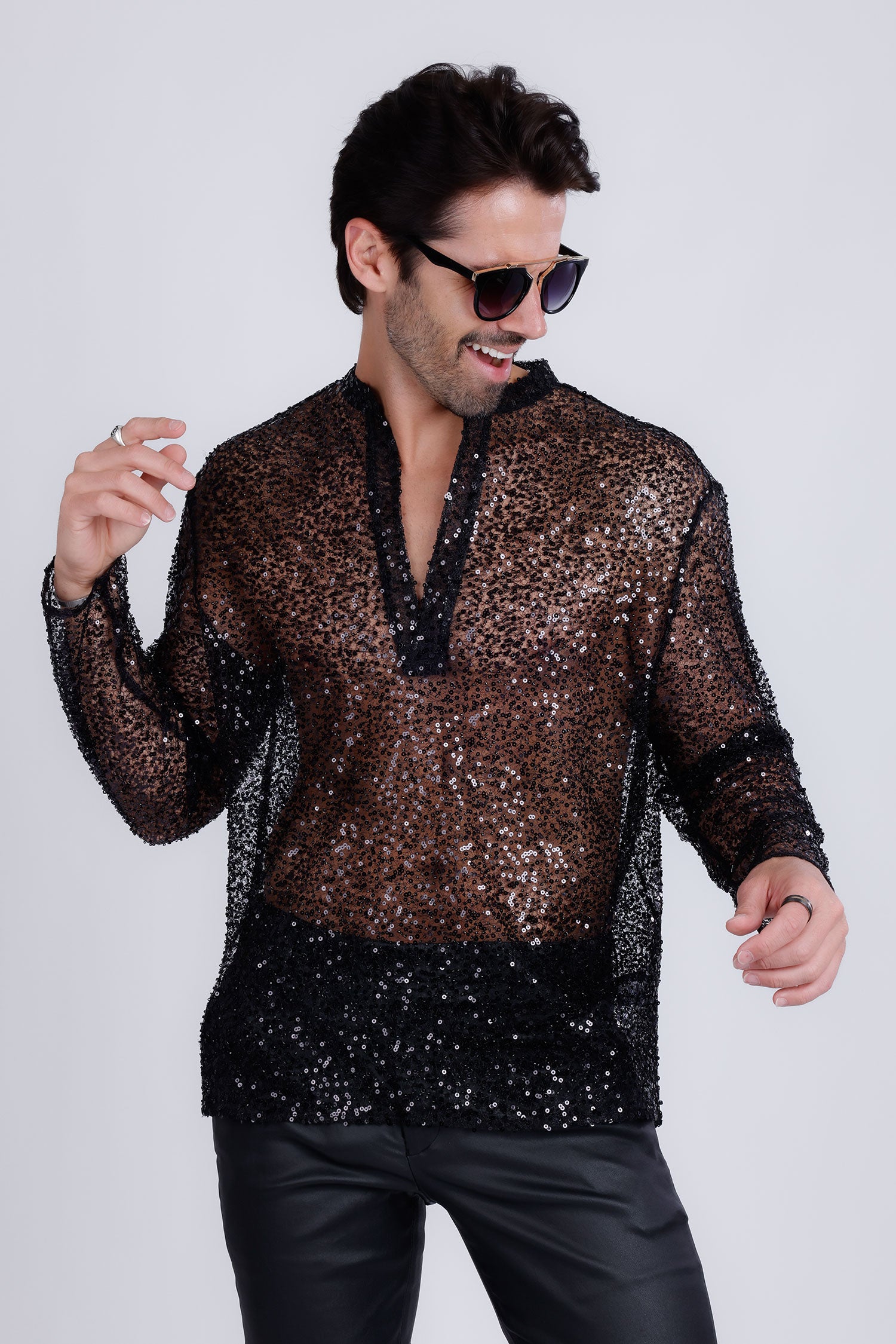 Barabas Men's See Through Sequins V-Neck Long Sleeve Shirts 5PST01 Black