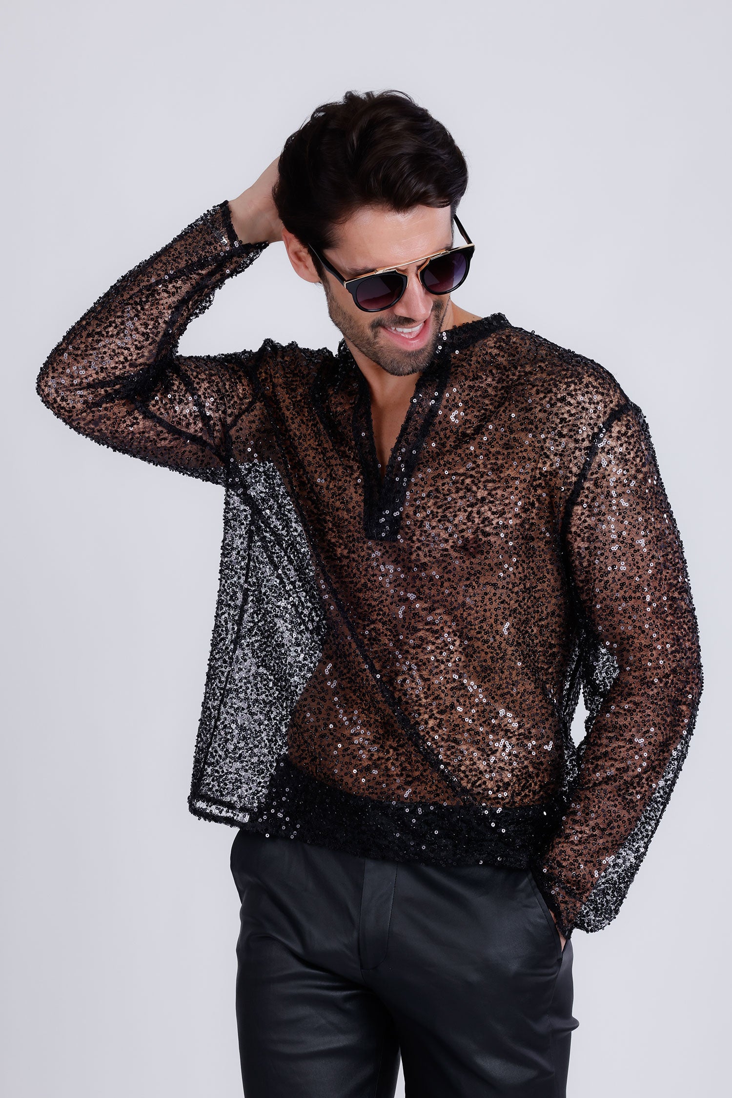 Barabas Men's See Through Sequins V-Neck Long Sleeve Shirts 5PST01 Black