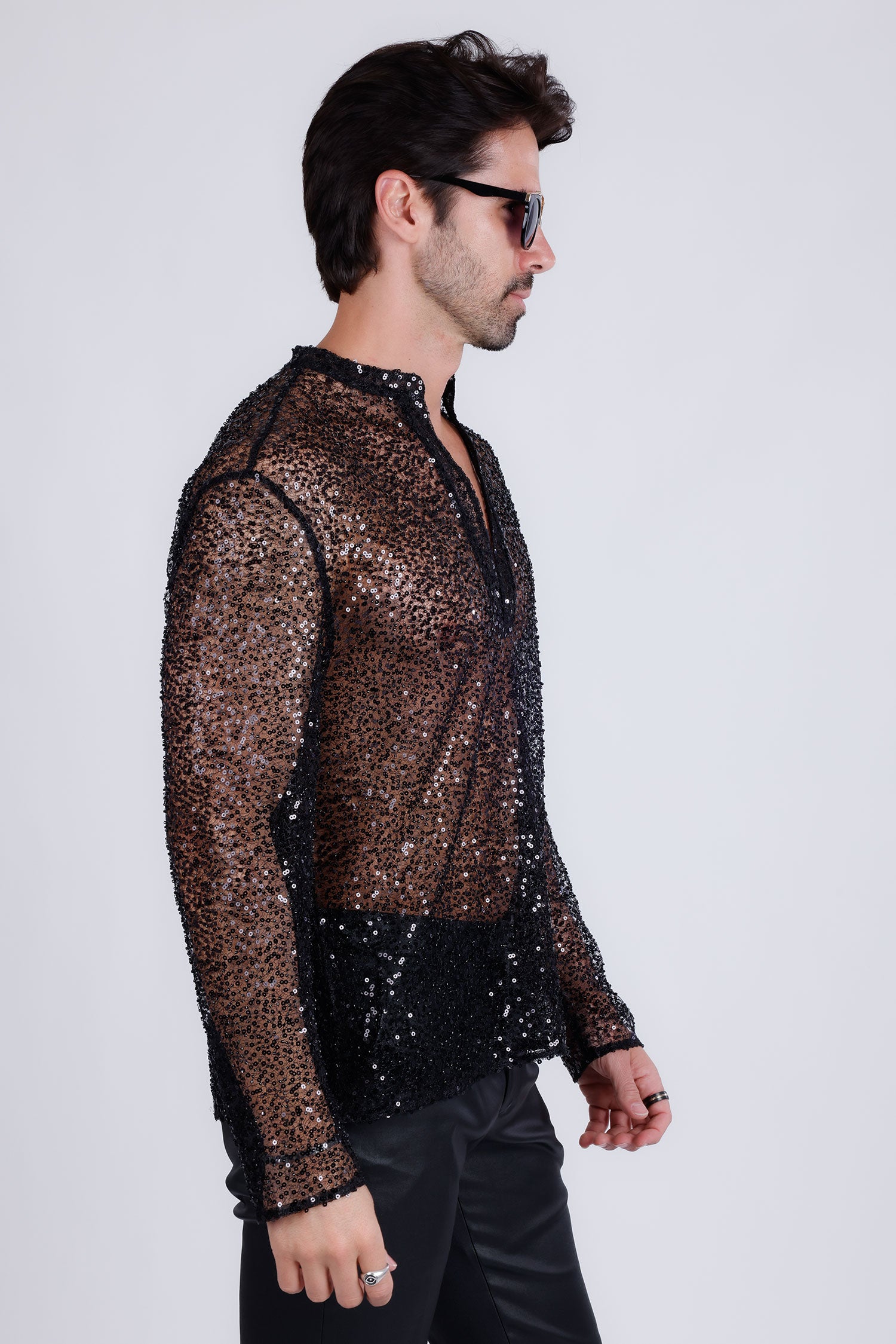 Barabas Men's See Through Sequins V-Neck Long Sleeve Shirts 5PST01 Black