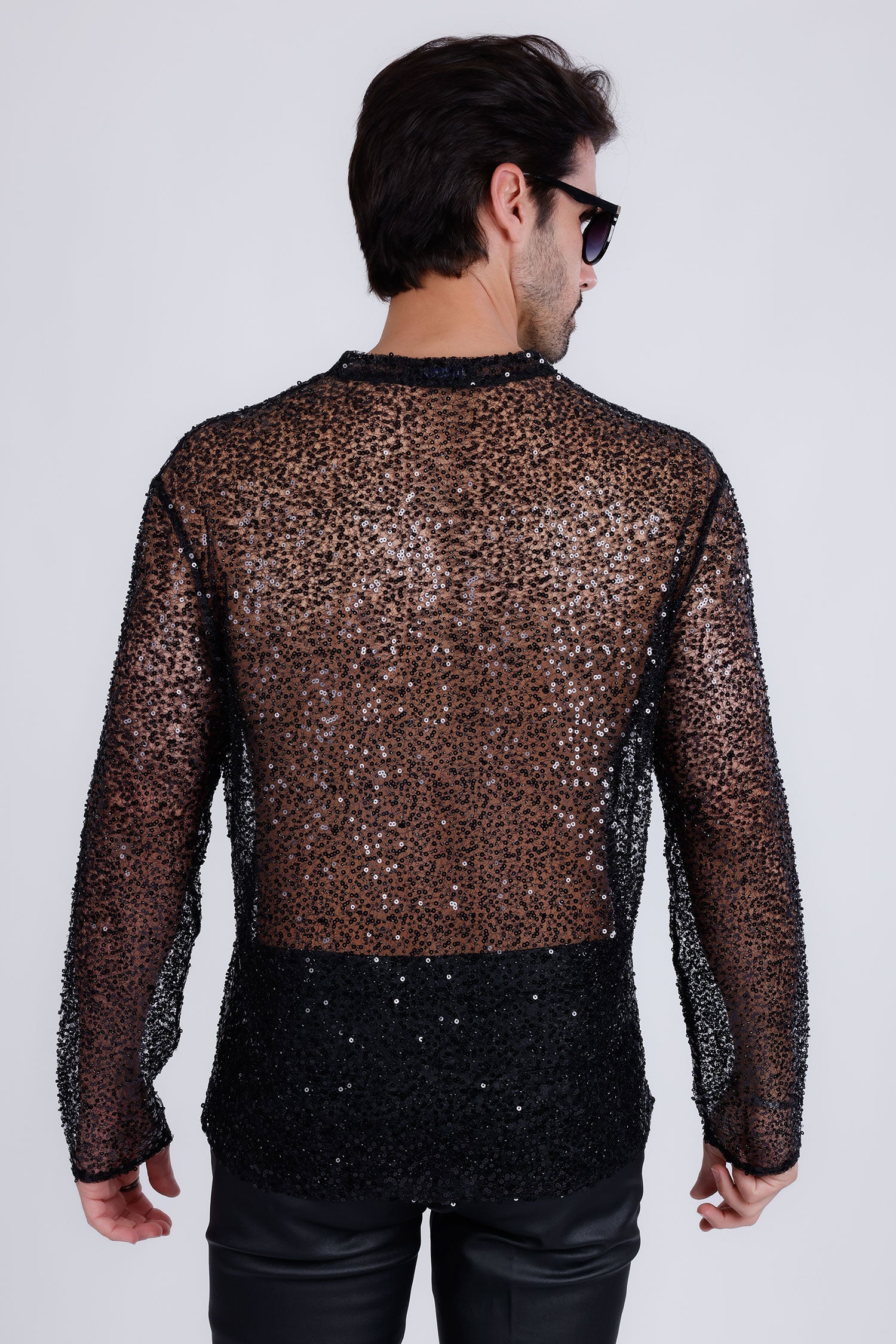 Barabas Men's See Through Sequins V-Neck Long Sleeve Shirts 5PST01 Black