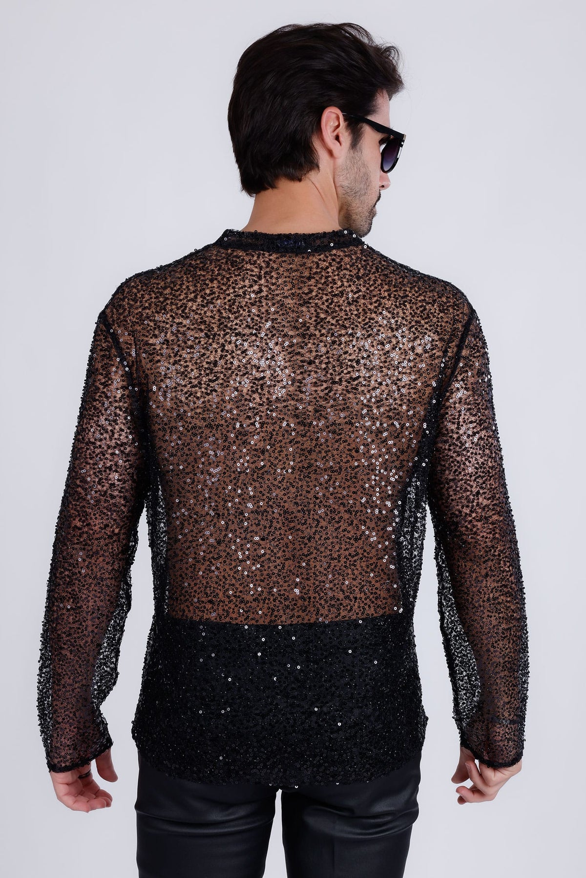 Barabas Men's See Through Sequins V-Neck Long Sleeve Shirts 5PST01 Black