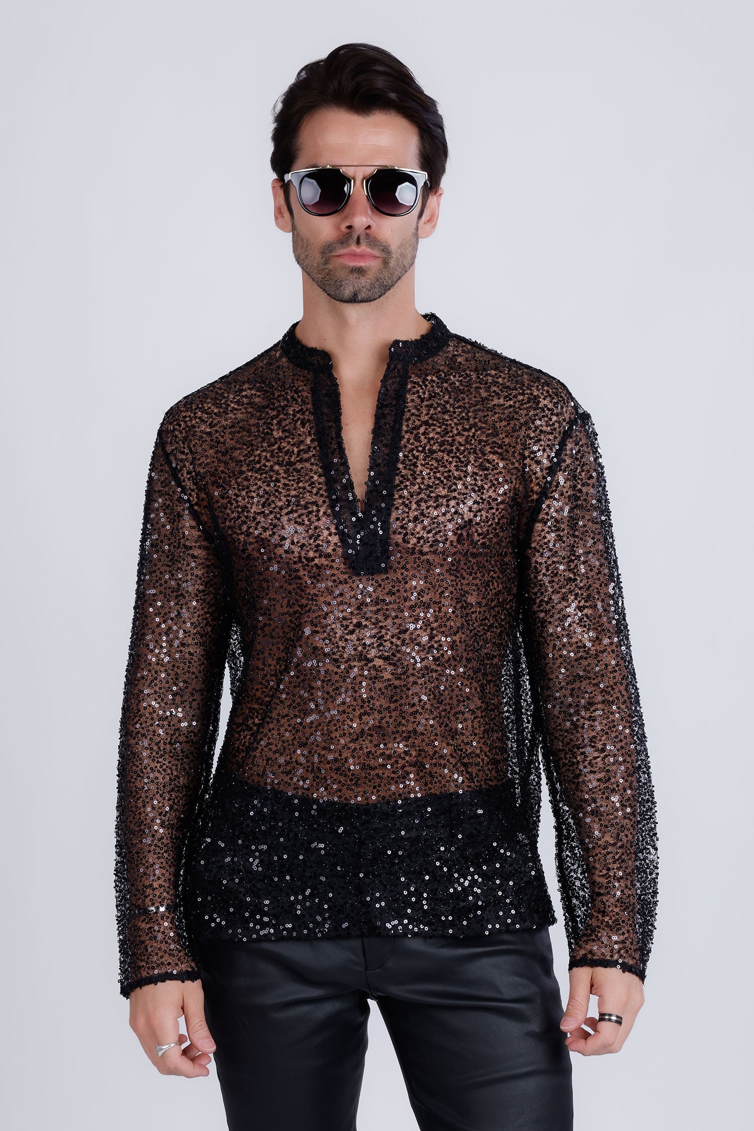 Barabas Men's See Through Sequins V-Neck Long Sleeve Shirts 5PST01 Black