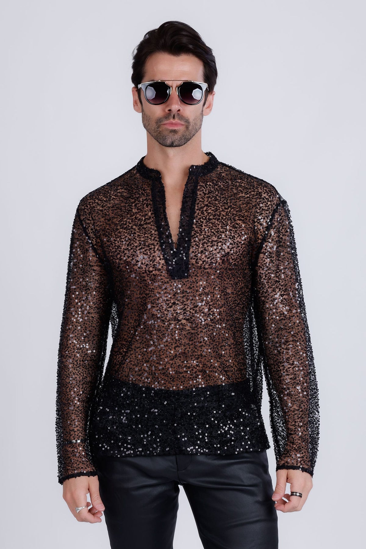 Barabas Men's See Through Sequins V-Neck Long Sleeve Shirts 5PST01 Black