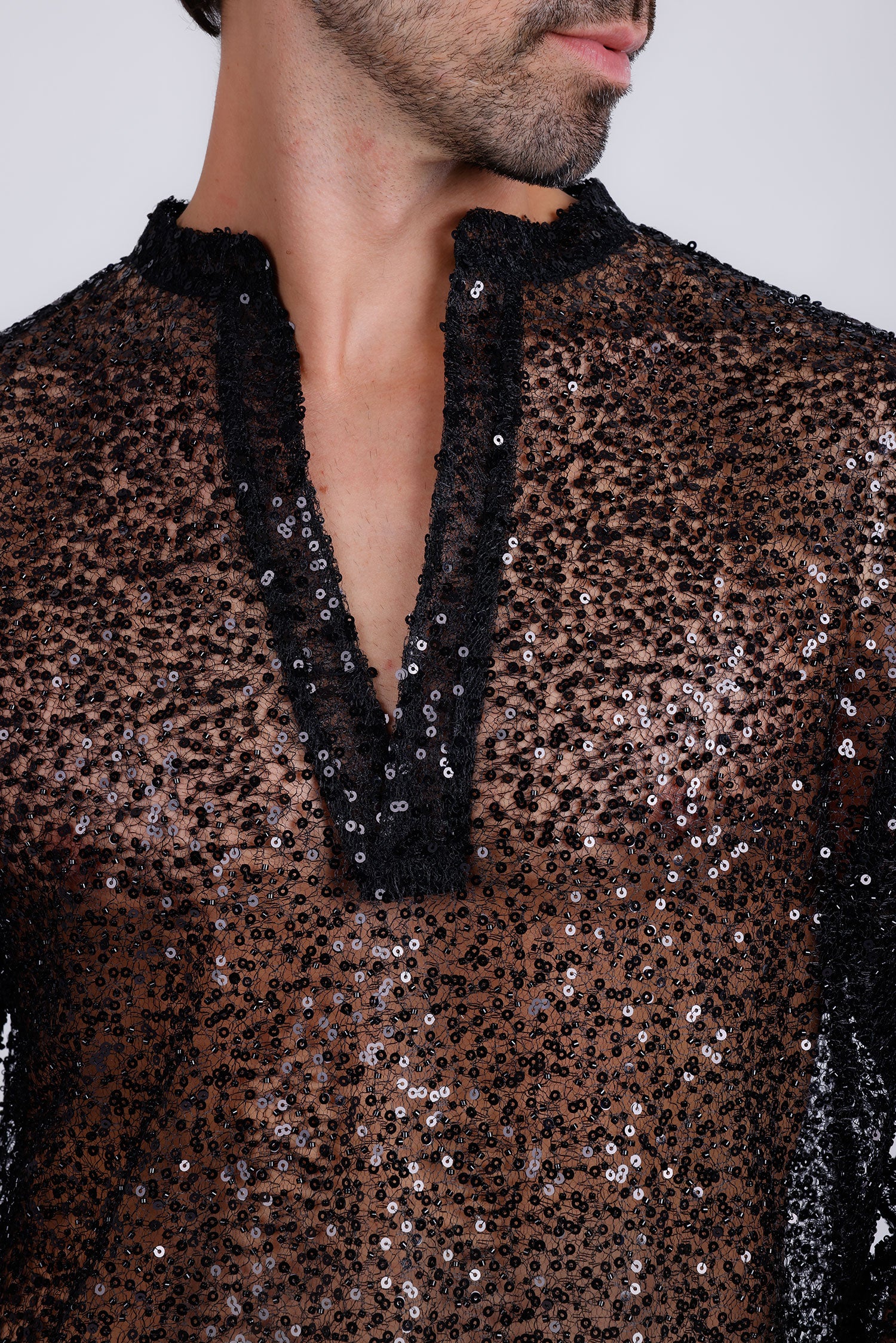Barabas Men's See Through Sequins V-Neck Long Sleeve Shirts 5PST01 Black