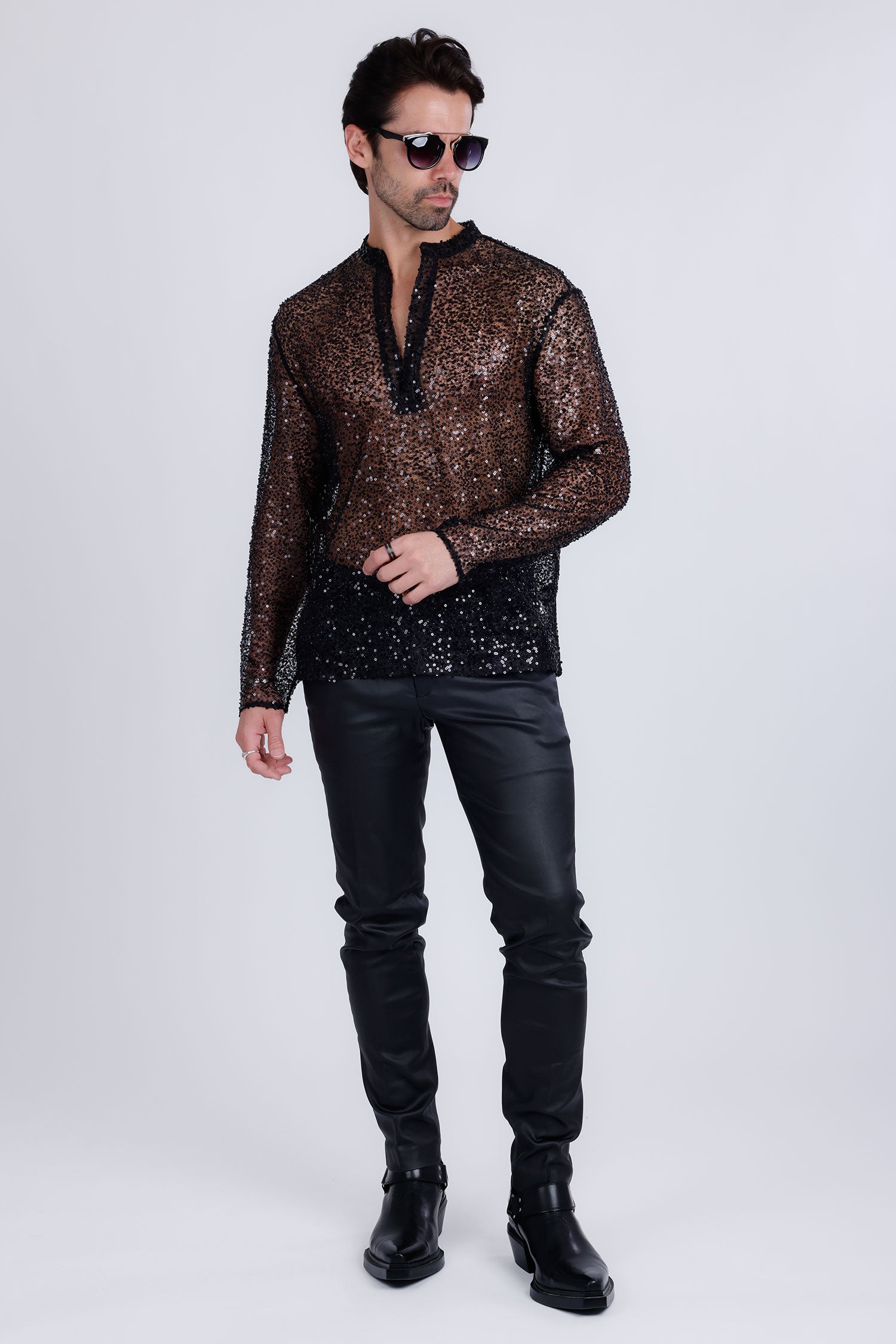 Barabas Men's See Through Sequins V-Neck Long Sleeve Shirts 5PST01 Black