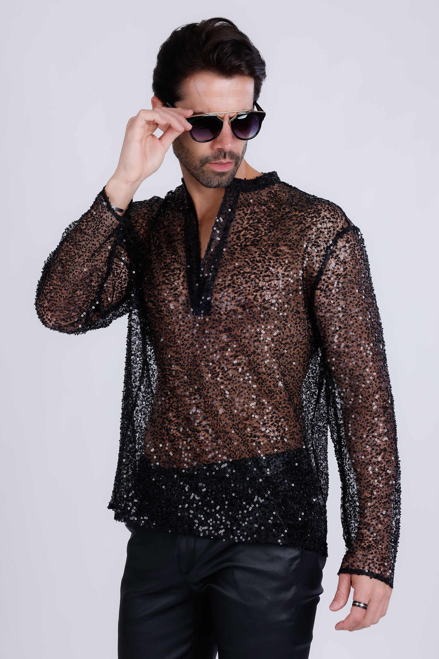 Barabas Men's See Through Sequins V-Neck Long Sleeve Shirts 5PST01 Black