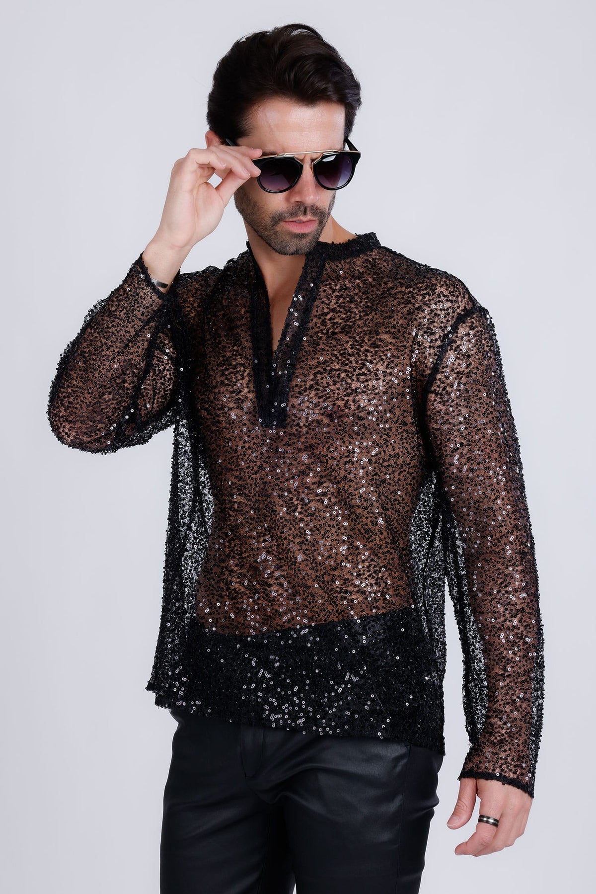 Barabas Men's See Through Sequins V-Neck Long Sleeve Shirts 5PST01 Black