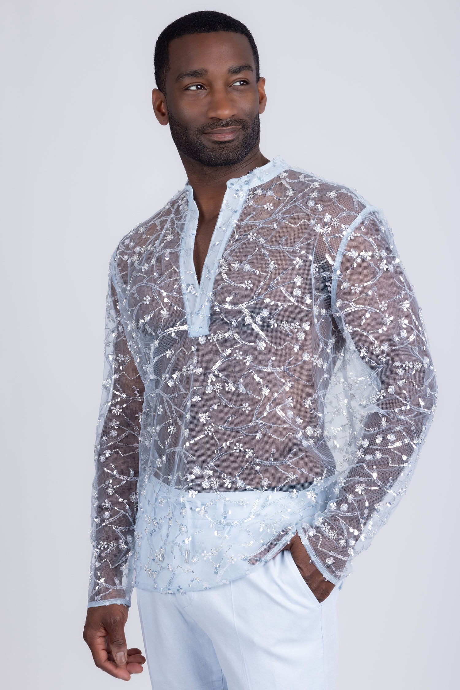 Barabas Men's Sheer See Through Sequins Long Sleeve Shirts 5PST02 Light Blue