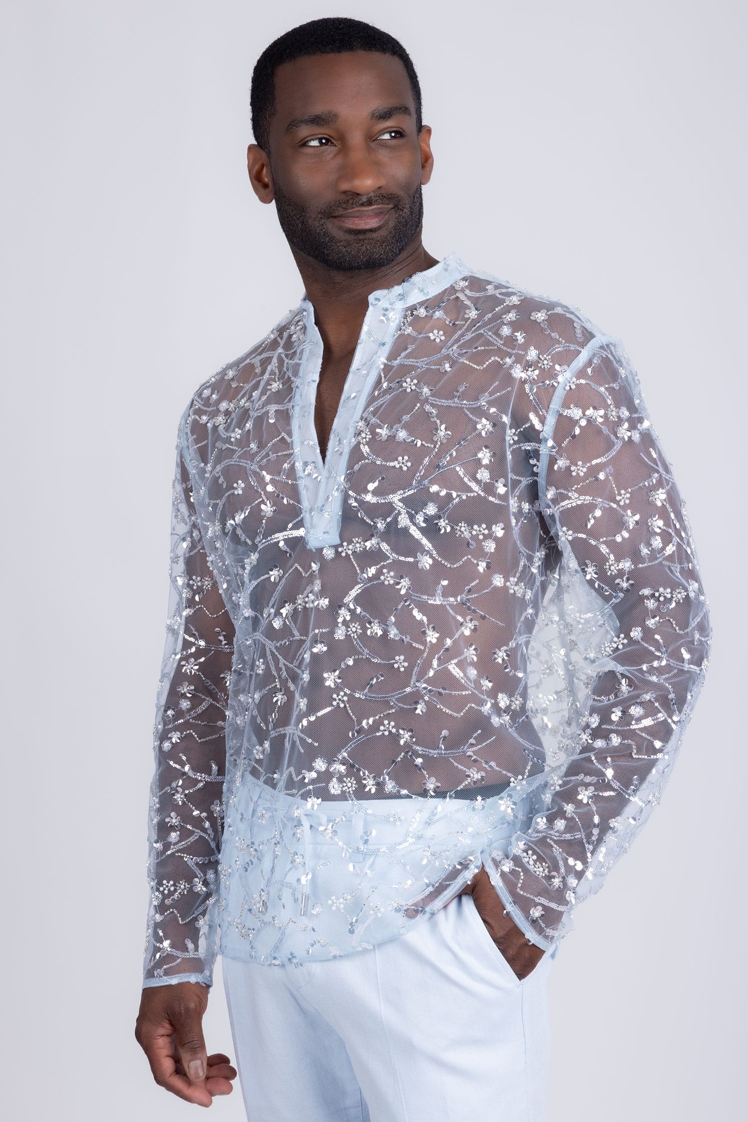 Barabas Men's Sheer See Through Sequins Long Sleeve Shirts 5PST02 Light Blue