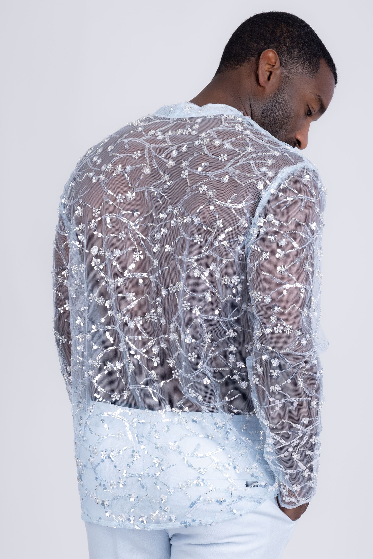 Barabas Men's Sheer See Through Sequins Long Sleeve Shirts 5PST02 Light Blue