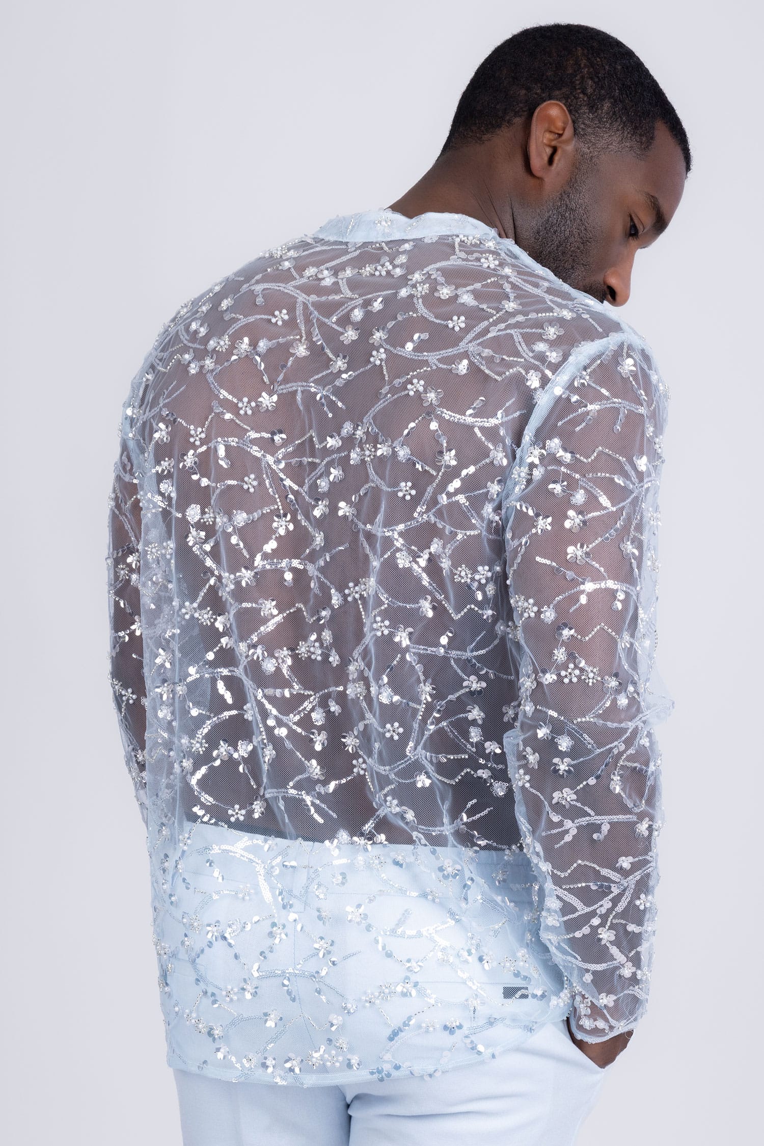 Barabas Men's Sheer See Through Sequins Long Sleeve Shirts 5PST02 Light Blue
