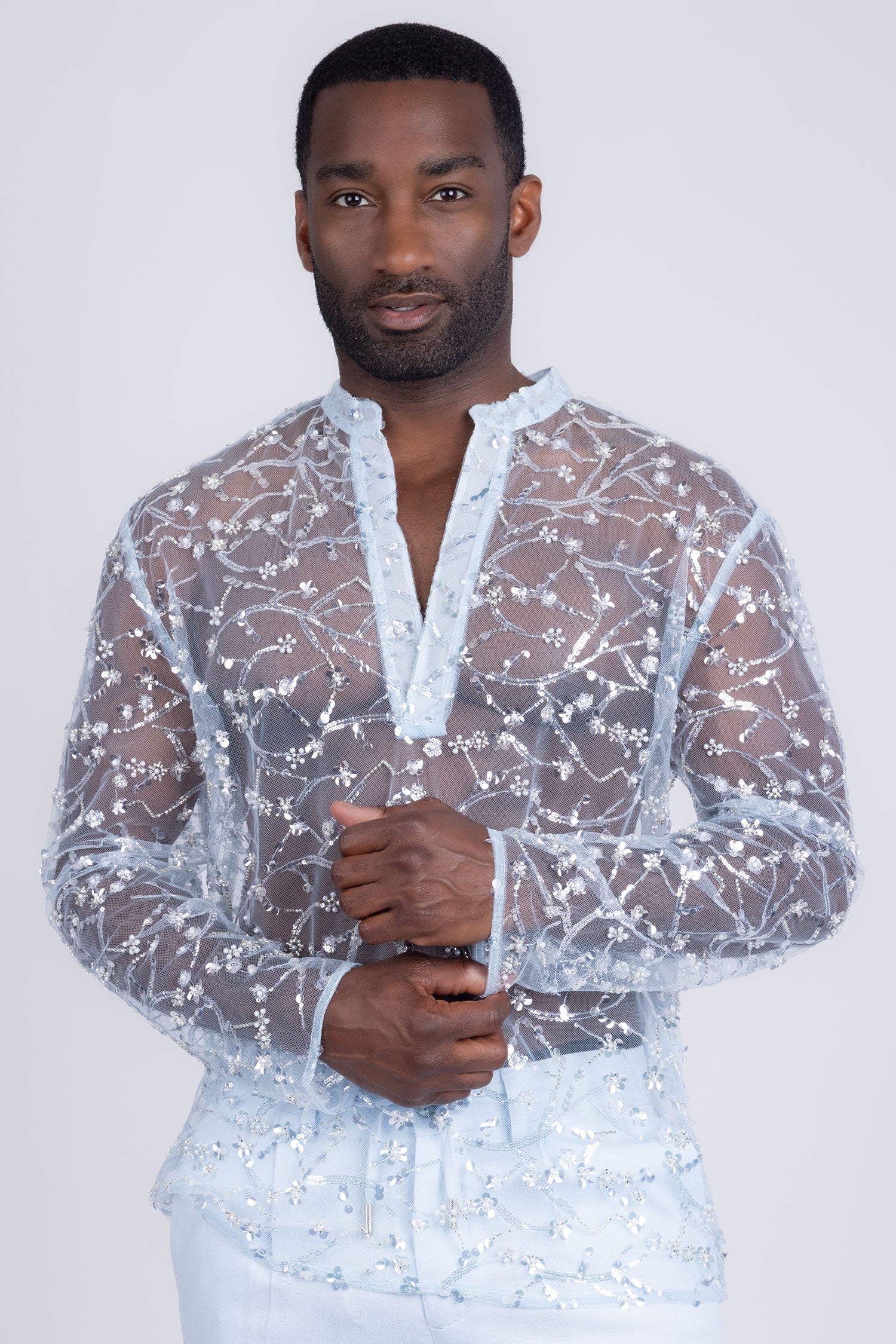 Barabas Men's Sheer See Through Sequins Long Sleeve Shirts 5PST02 Blue