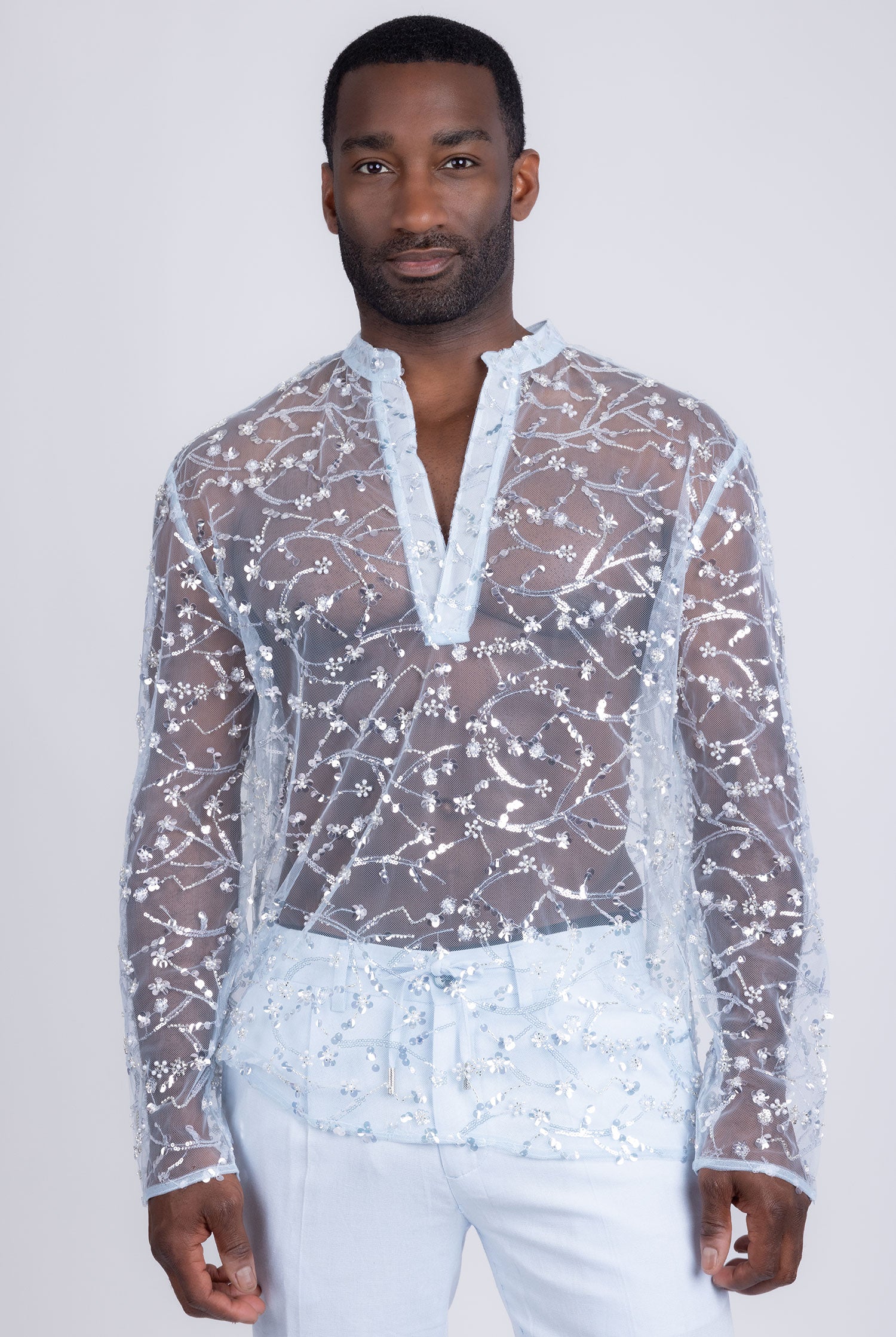 Barabas Men's Sheer See Through Sequins Long Sleeve Shirts 5PST02 Blue