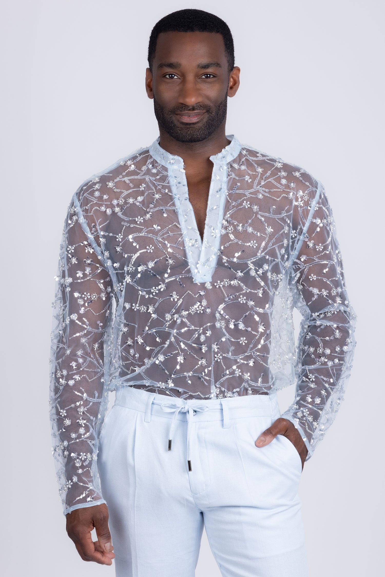 Barabas Men's Sheer See Through Sequins Long Sleeve Shirts 5PST02 Blue
