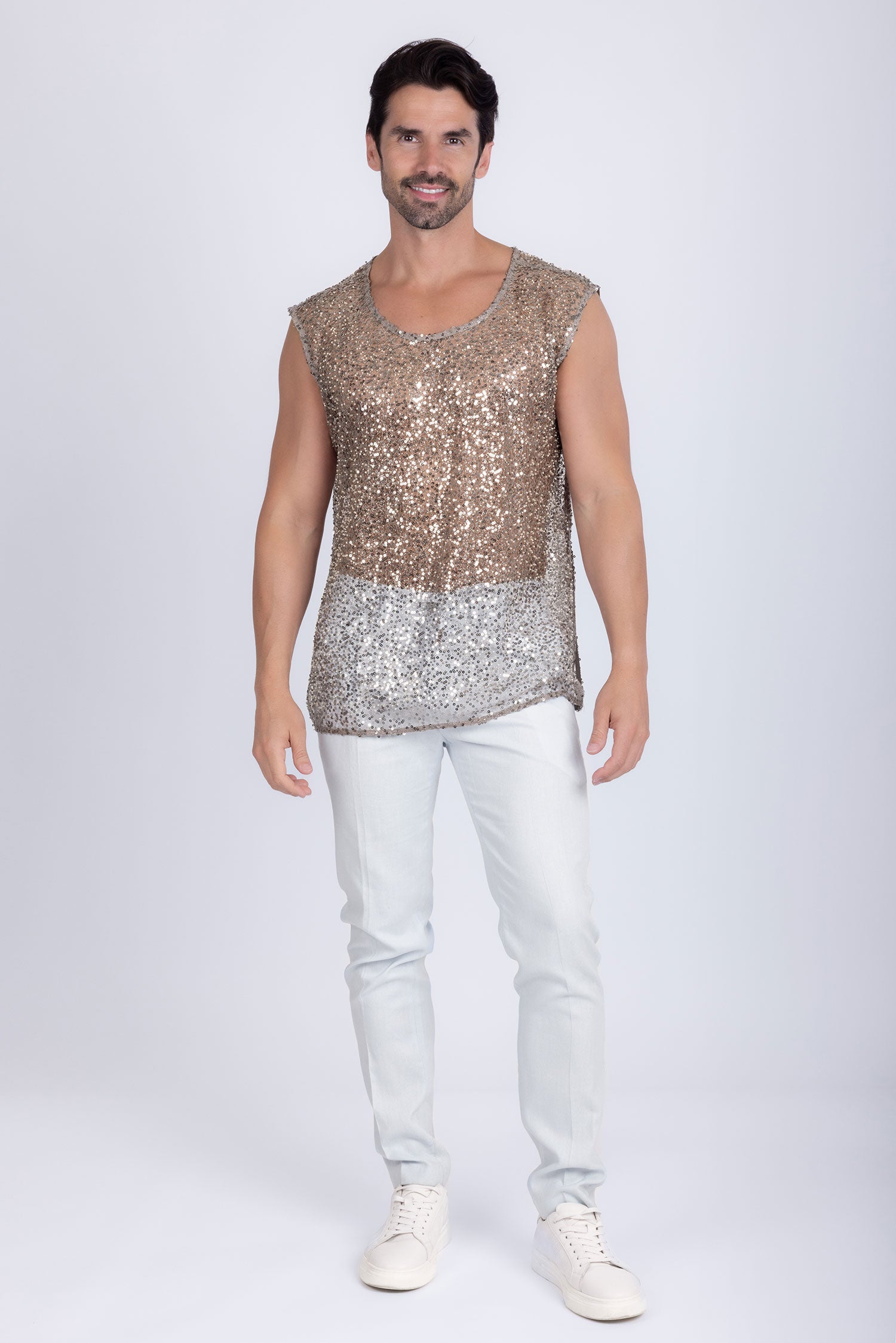 Barabas Men's Semi-Sheer See Through Sequins Sleeveless Shirts 5PST03 Beige