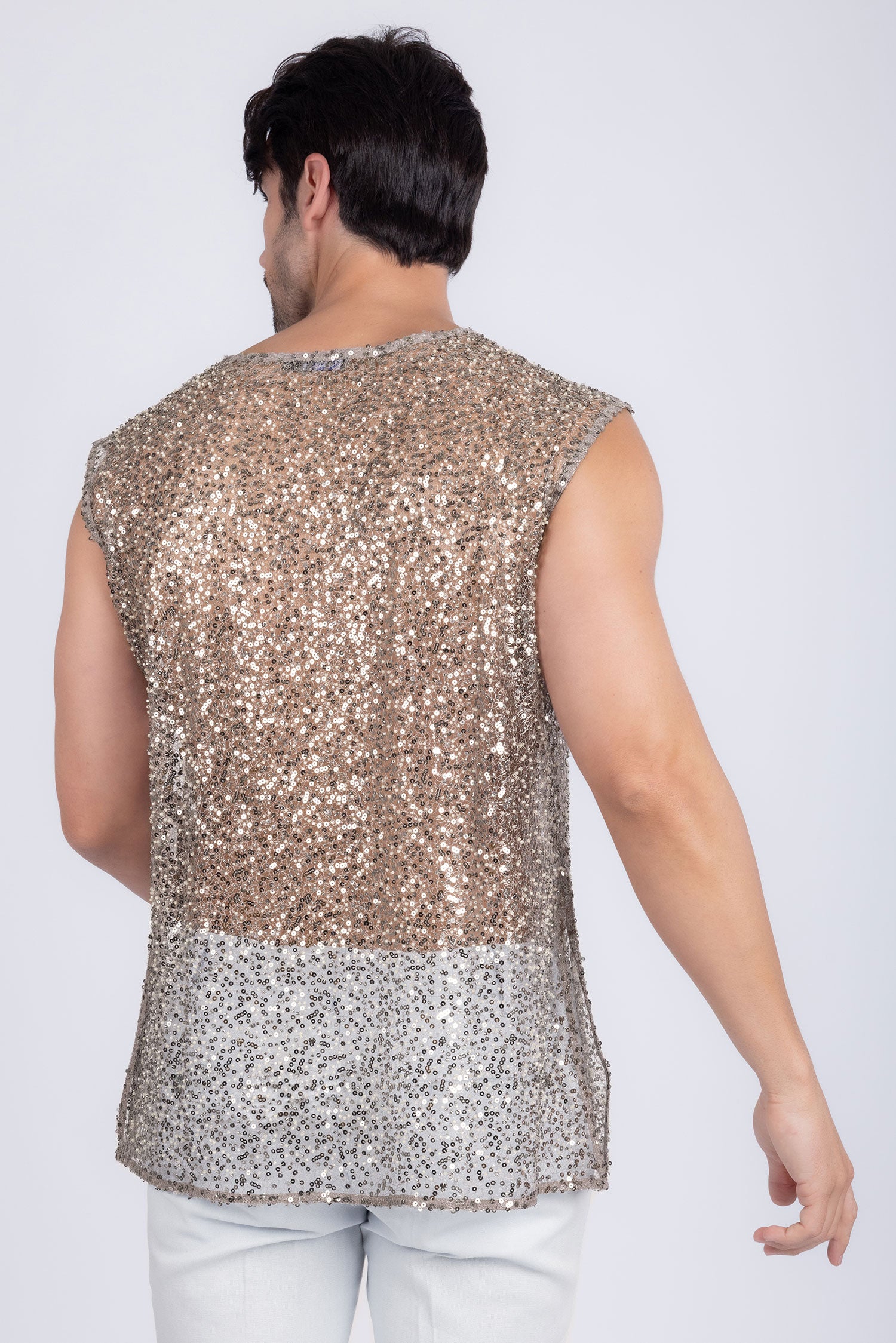 Barabas Men's Semi-Sheer See Through Sequins Sleeveless Shirts 5PST03 Silver