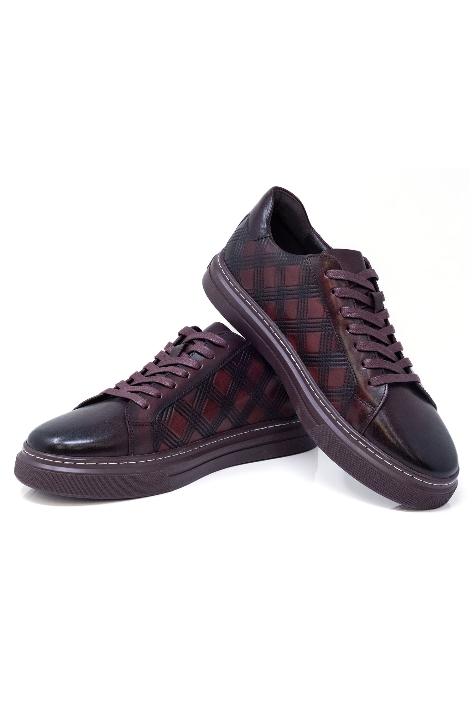 Barabas Men's Checkered Lace-up Leather Sneakers 5SH09 Burgundy