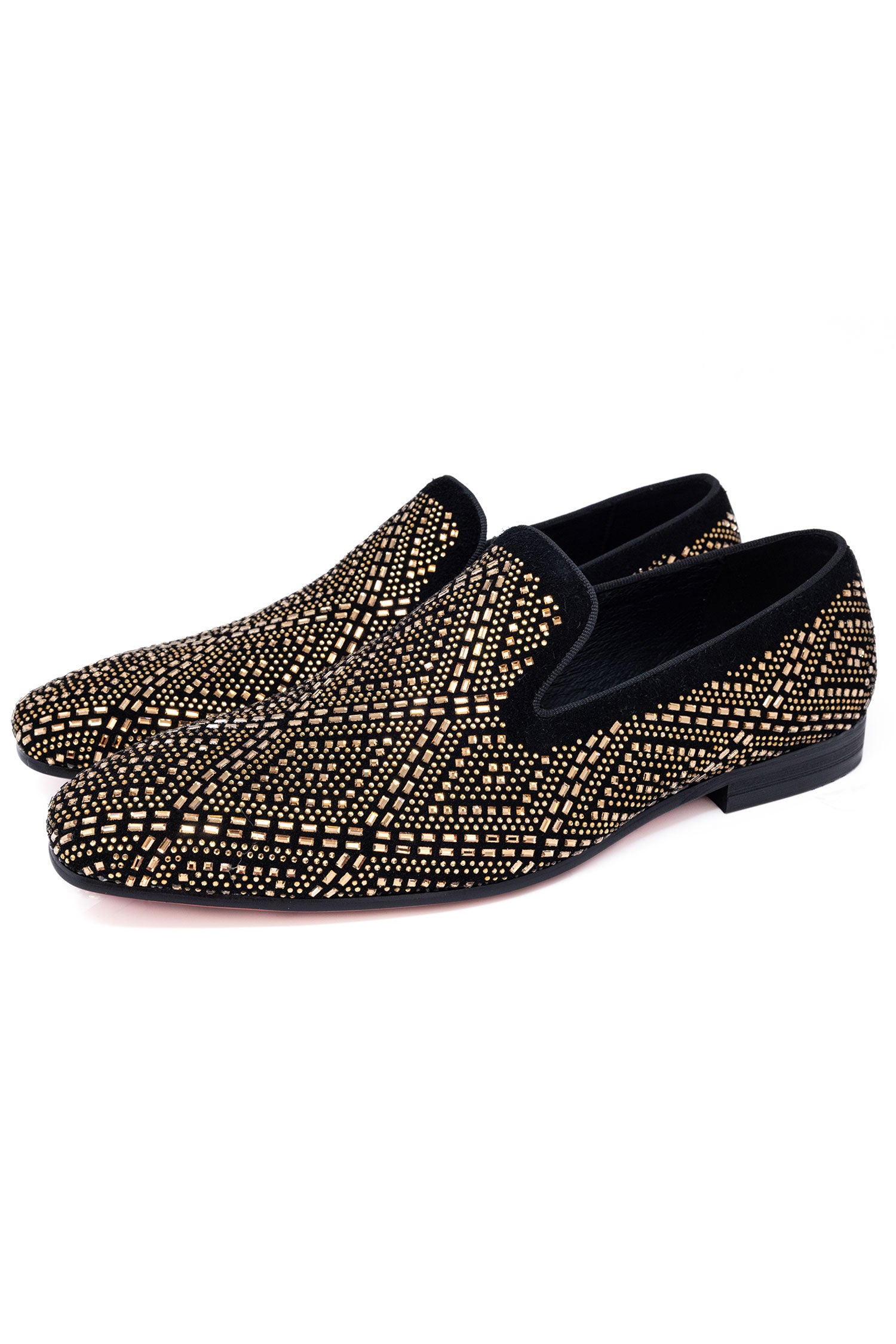 Barabas Men's Rhinestone Suede Slip On Loafer Dress Shoes 5SH16 Black Gold