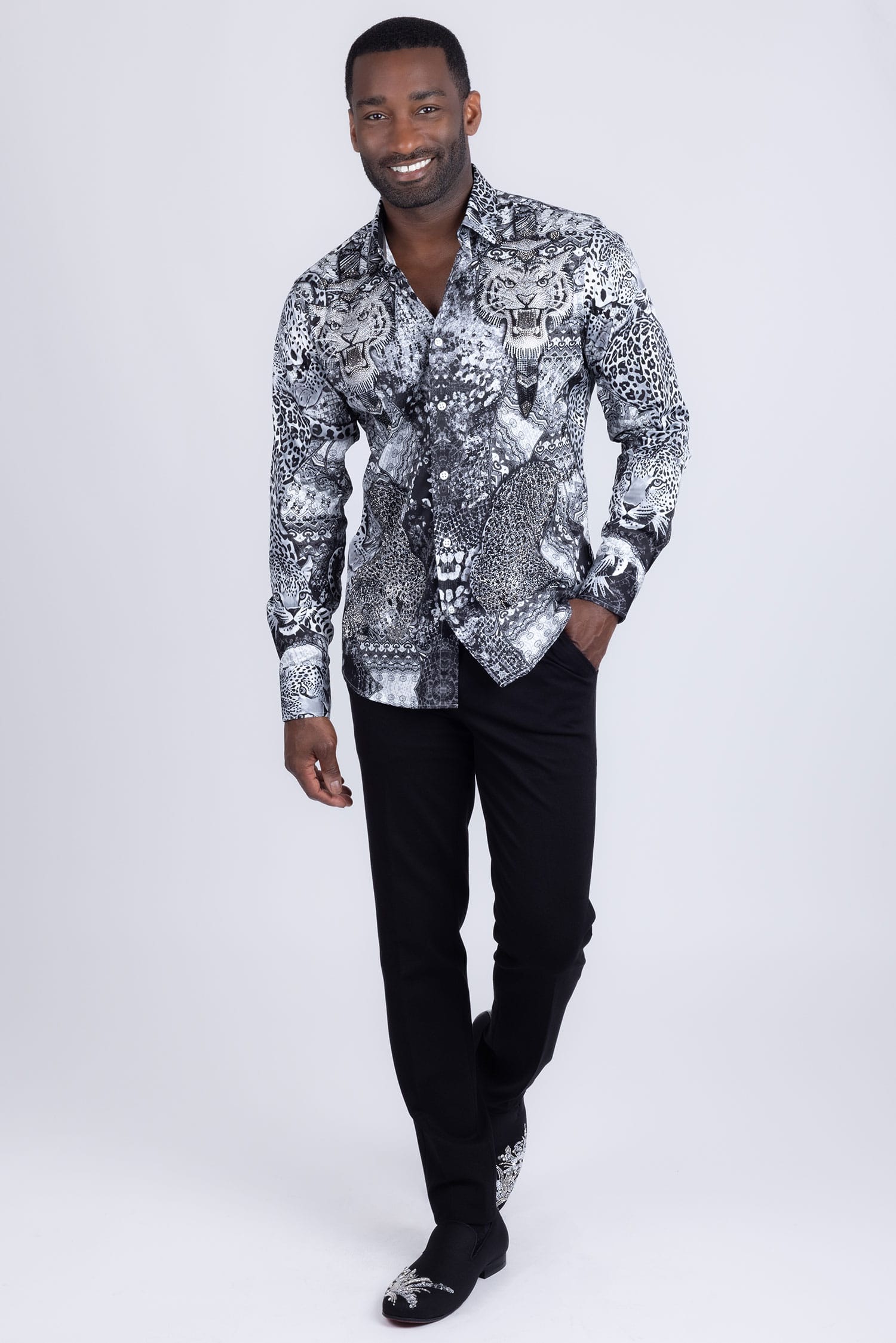 Barabas Men's Rhinestones Tiger Cheetah Textured Long Sleeve Shirts 5SPR01 Black