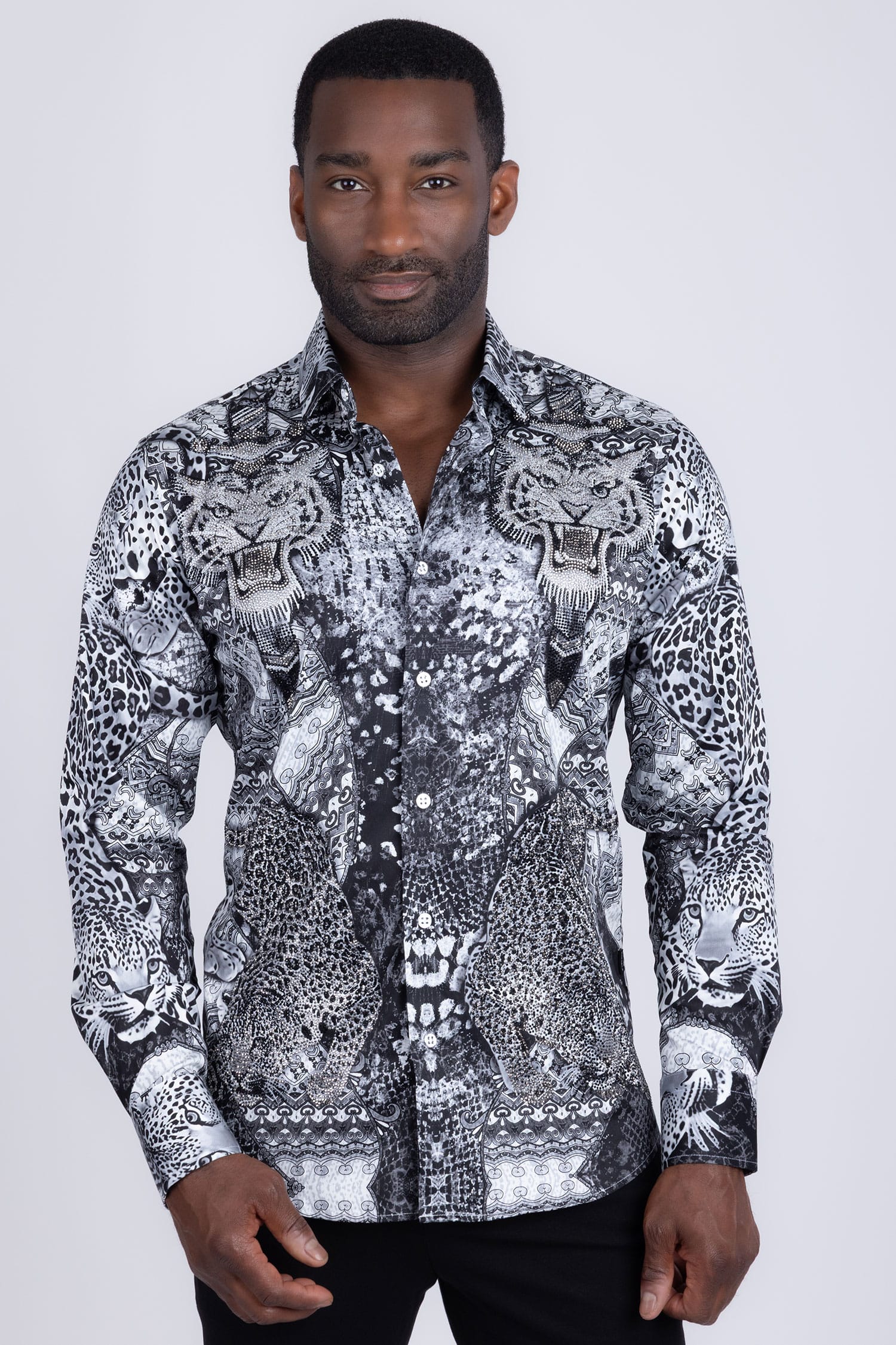 Barabas Men's Rhinestones Tiger Cheetah Textured Long Sleeve Shirts 5SPR01 Black