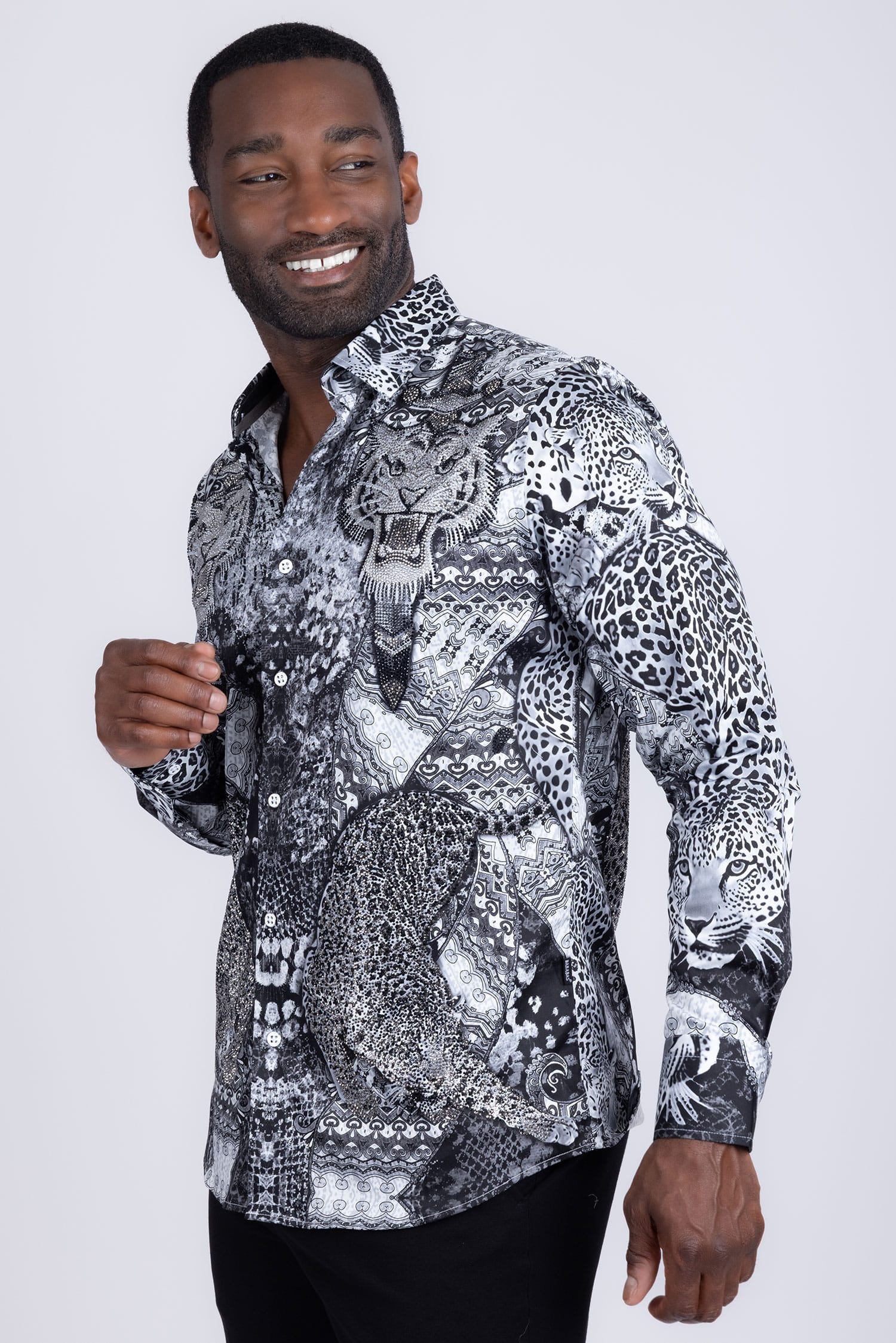 Barabas Men's Rhinestones Tiger Cheetah Textured Long Sleeve Shirts 5SPR01 Black