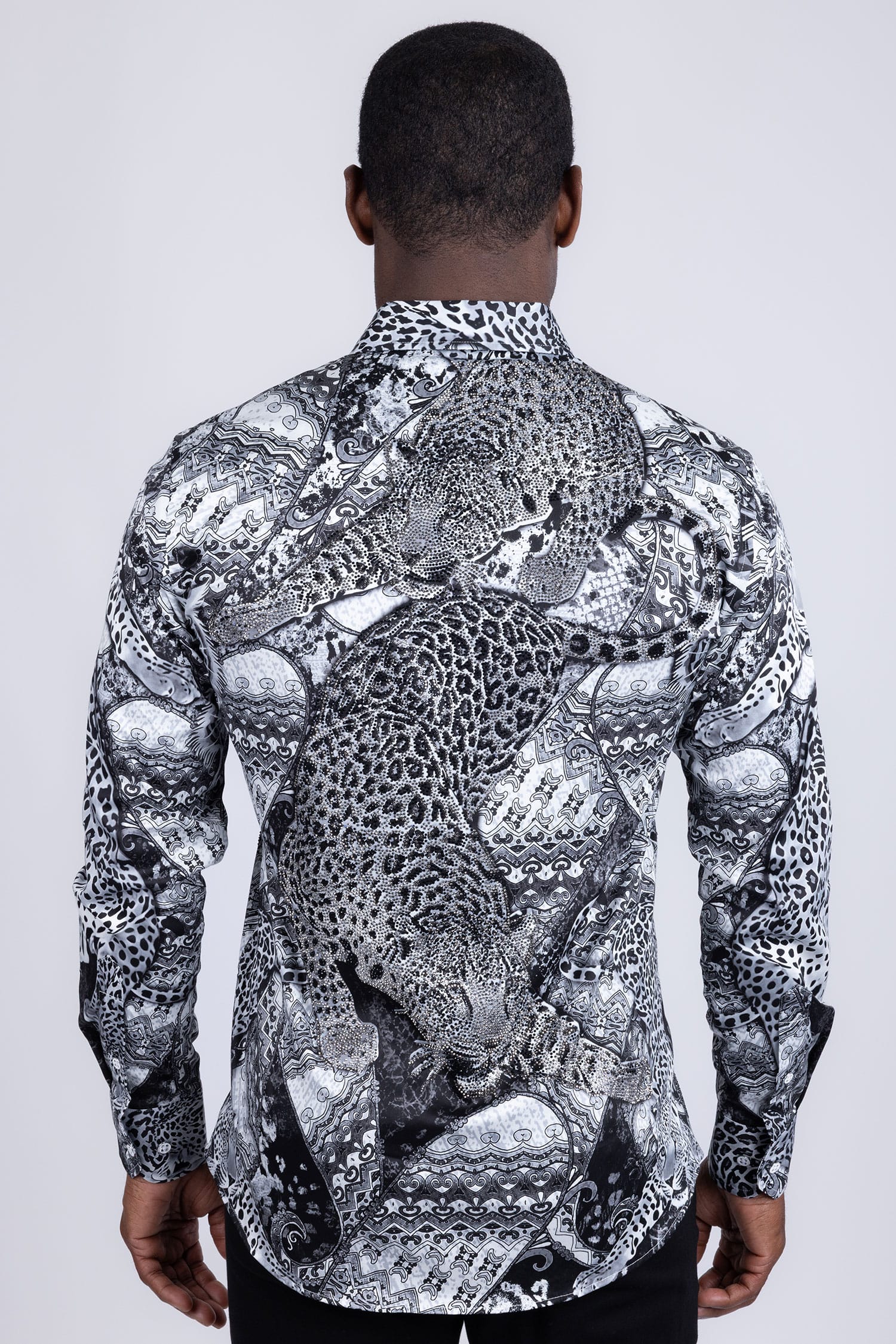 Barabas Men's Rhinestones Tiger Cheetah Textured Long Sleeve Shirts 5SPR01 White