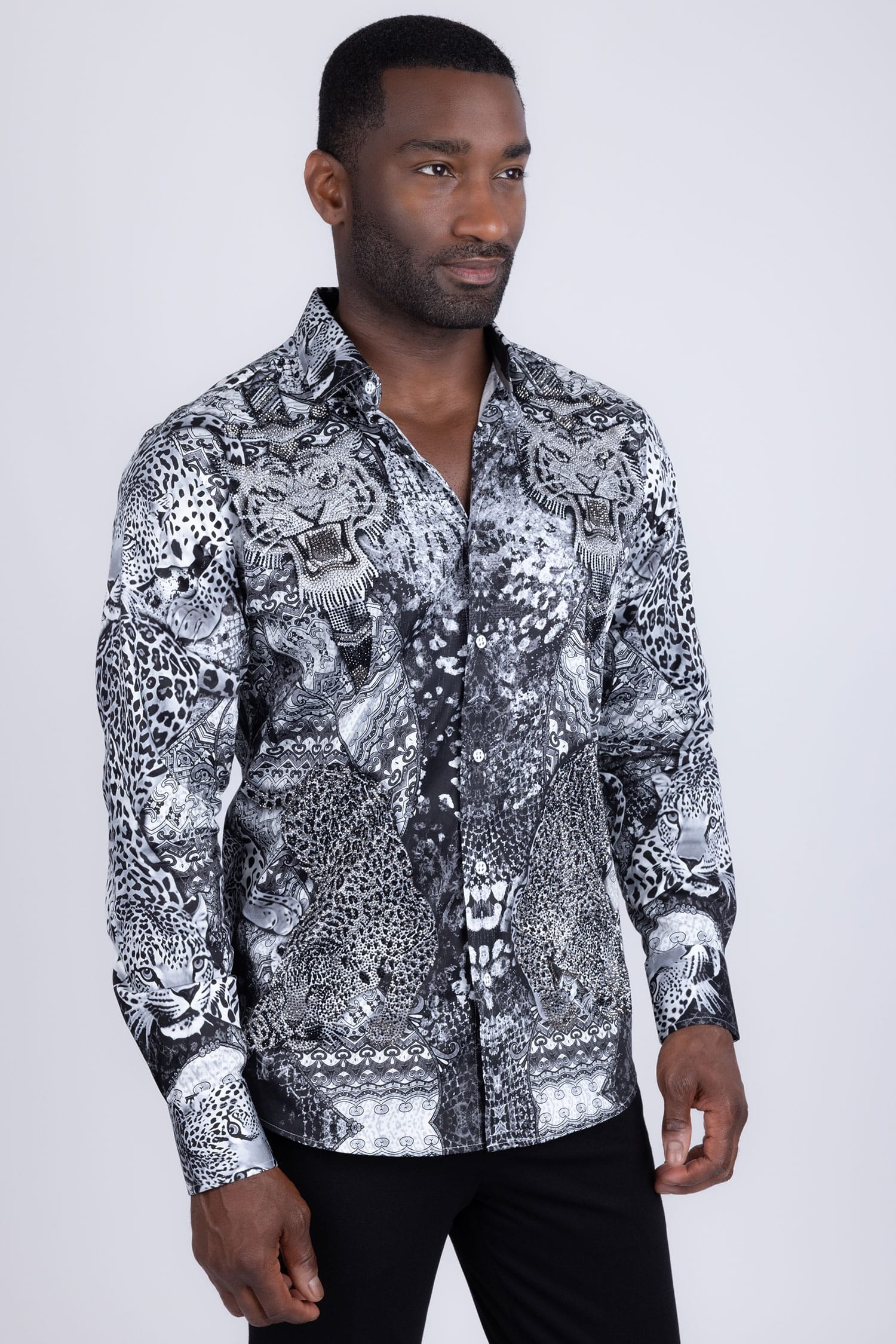 Barabas Men's Rhinestones Tiger Cheetah Textured Long Sleeve Shirts 5SPR01 White