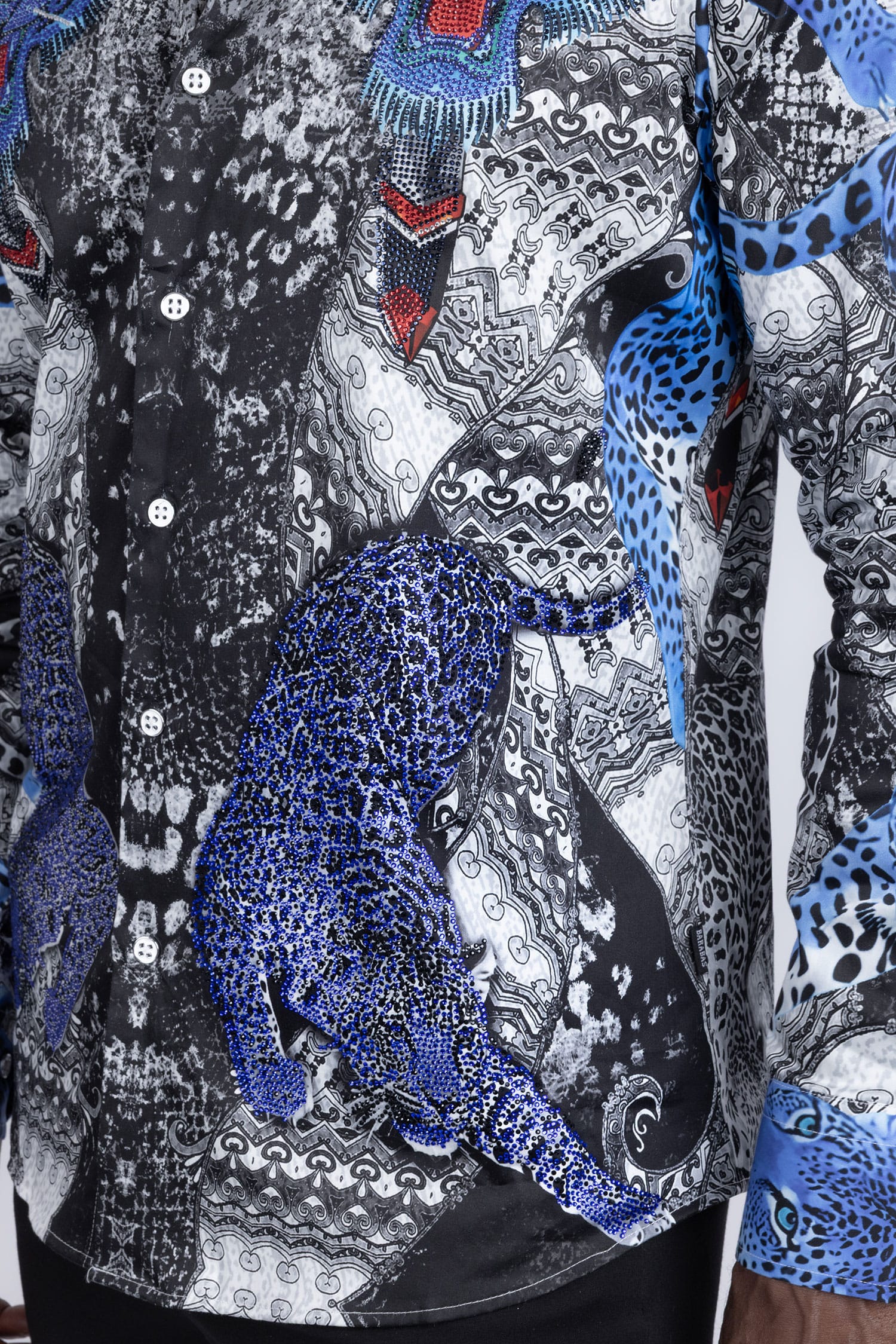 Barabas Men's Rhinestones Tiger Cheetah Textured Long Sleeve Shirts 5SPR01 Blue