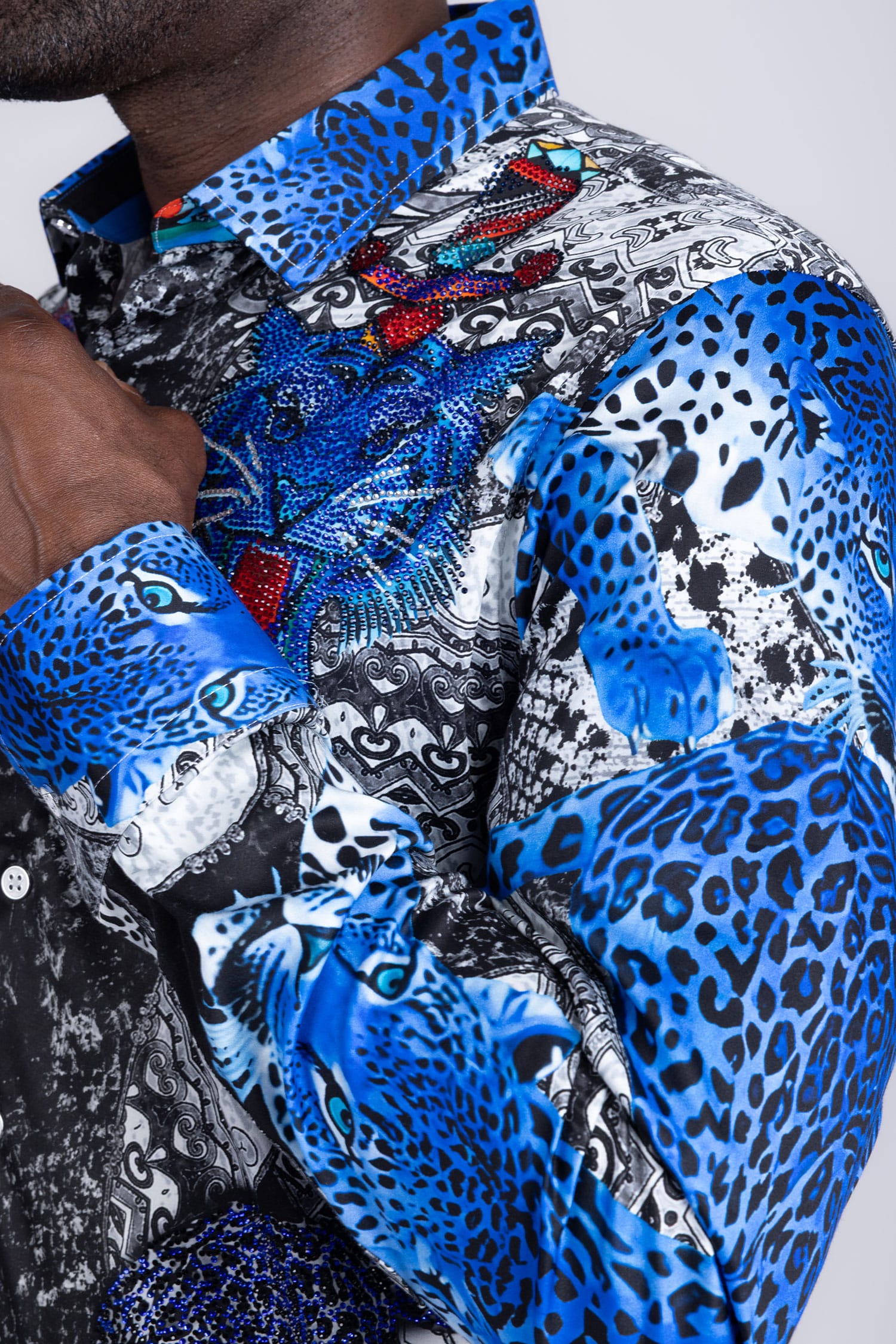 Barabas Men's Rhinestones Tiger Cheetah Textured Long Sleeve Shirts 5SPR01 Blue