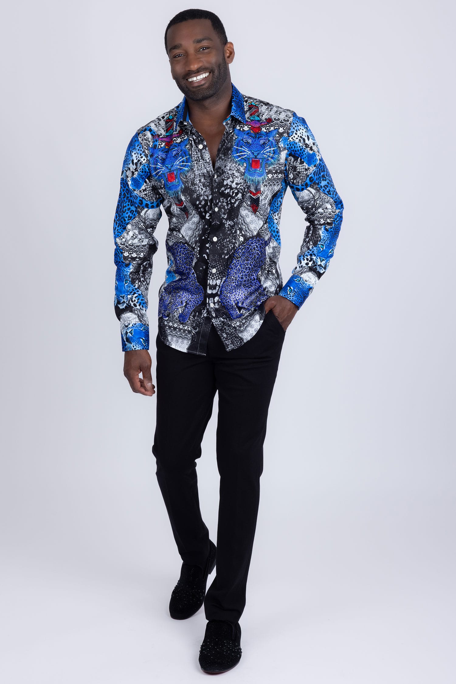 Barabas Men's Rhinestones Tiger Cheetah Textured Long Sleeve Shirts 5SPR01 Blue