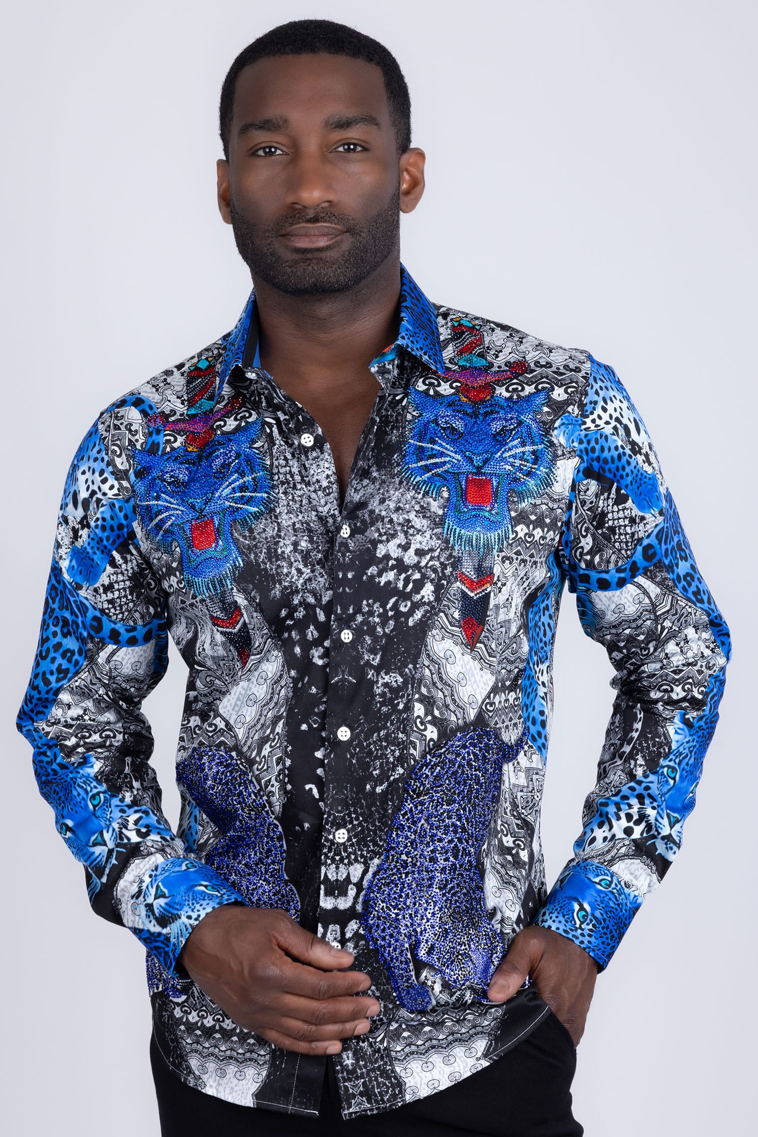 Barabas Men's Rhinestones Tiger Cheetah Textured Long Sleeve Shirts 5SPR01 Blue