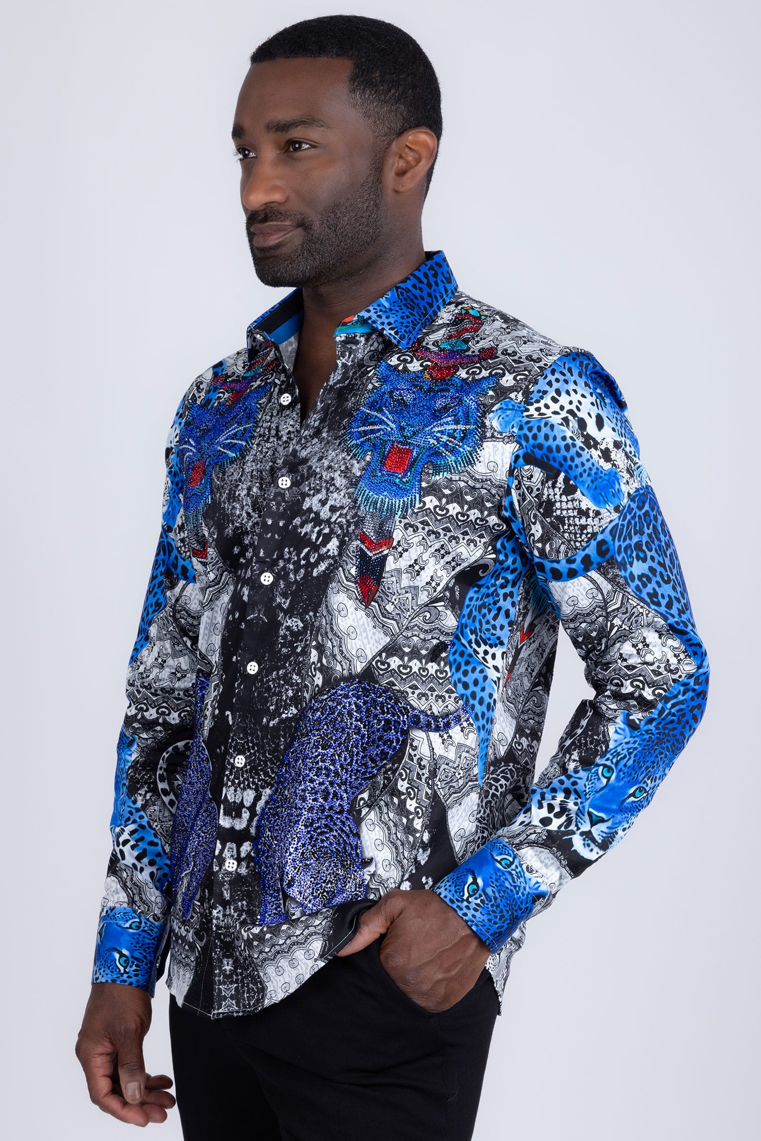 Barabas Men's Rhinestones Tiger Cheetah Textured Long Sleeve Shirts 5SPR01 Blue
