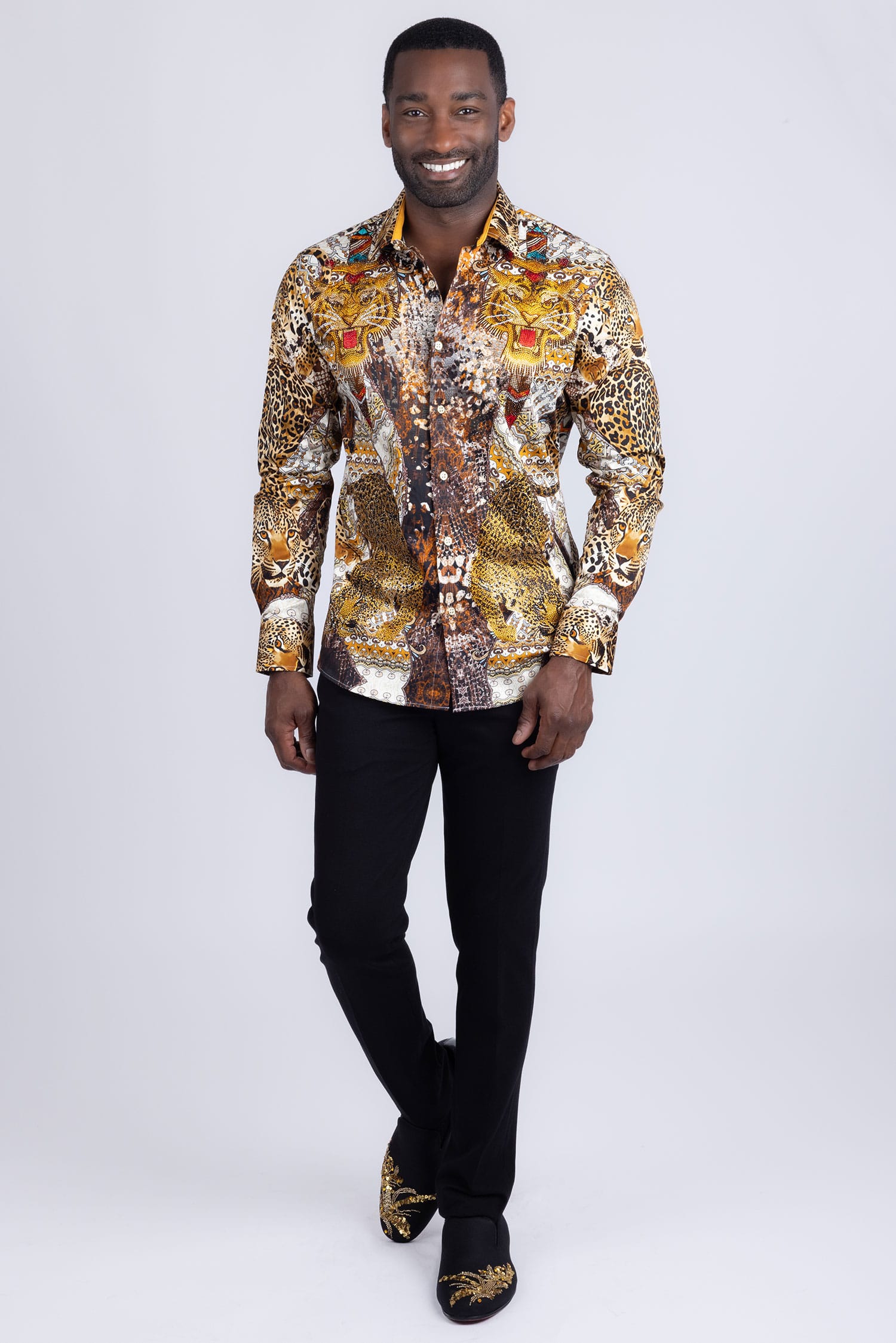 Barabas Men's Rhinestones Tiger Cheetah Textured Long Sleeve Shirts 5SPR01 Brown