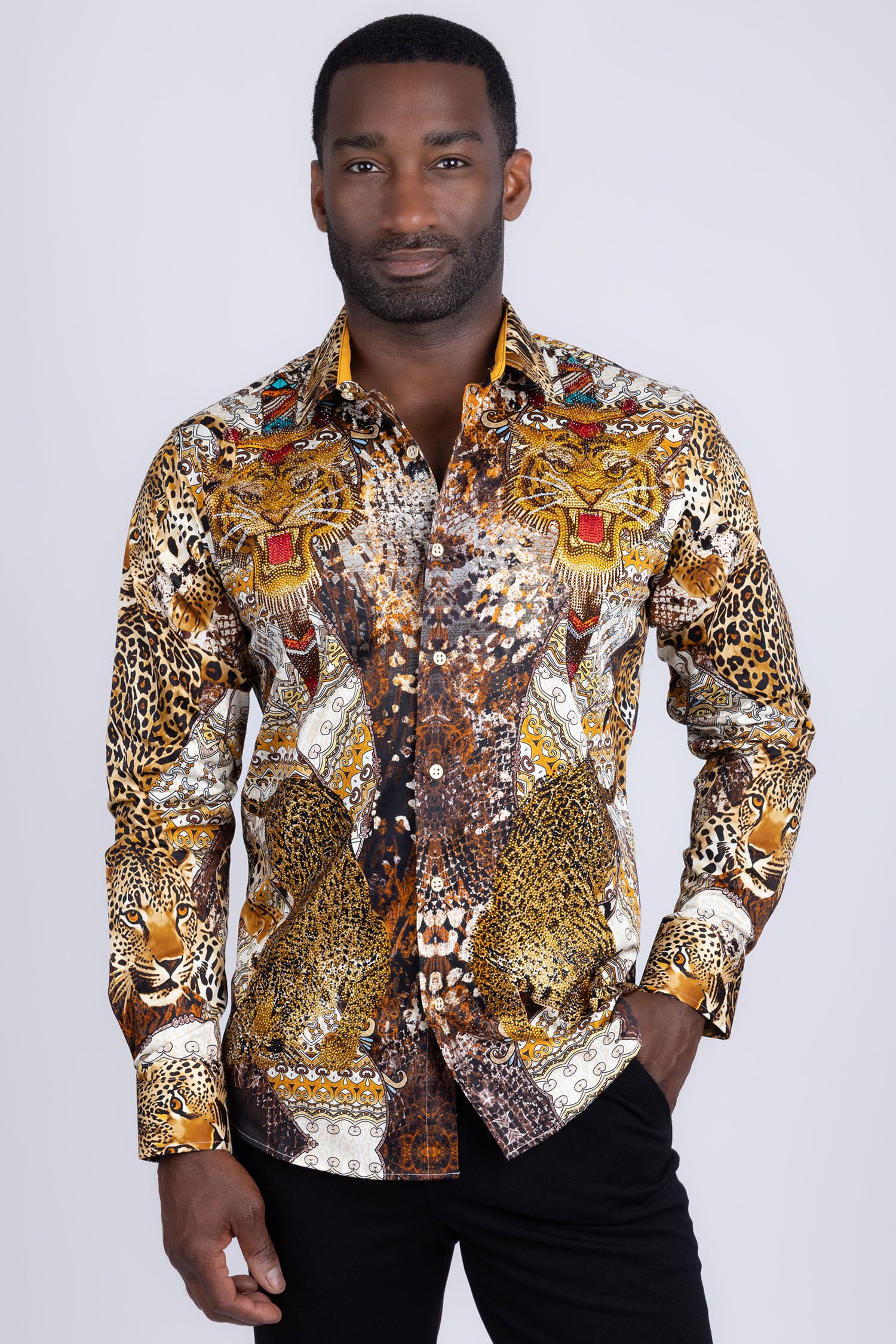 Barabas Men's Rhinestones Tiger Cheetah Textured Long Sleeve Shirts 5SPR01 Brown